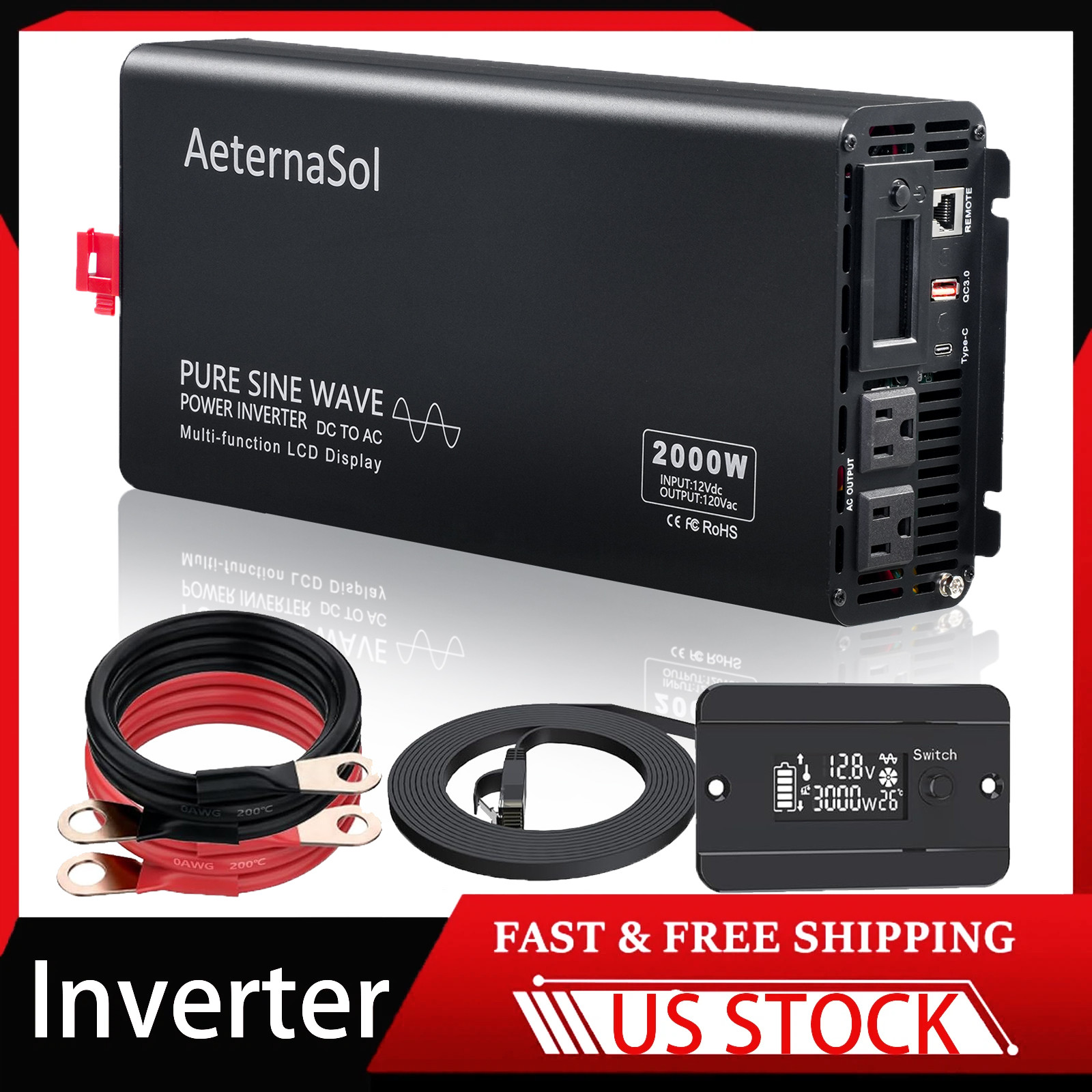 2000W Car Pure Sine Wave Inverter 12V DC to 120V AC Converter  Power Inverter US