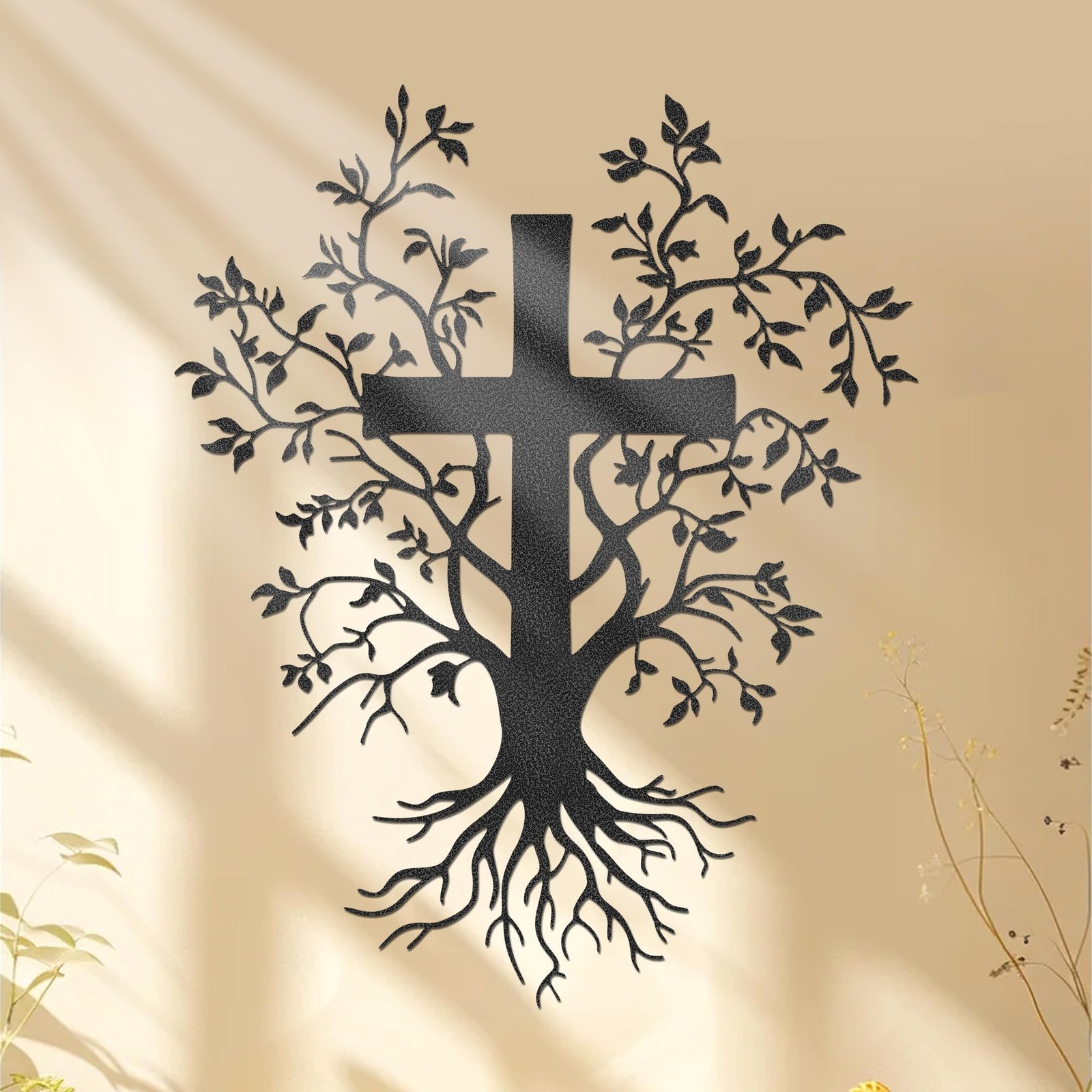 YATEASLU Jesus Wall Art – Conical Silver Cross Wall Decor with Tree of Lif
