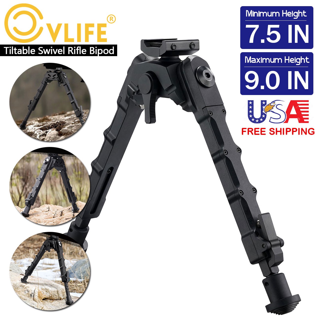 Hunting Rifle Bipod Attach Directly Mount 7.5"-9" Adjustable For Picatinny Rails