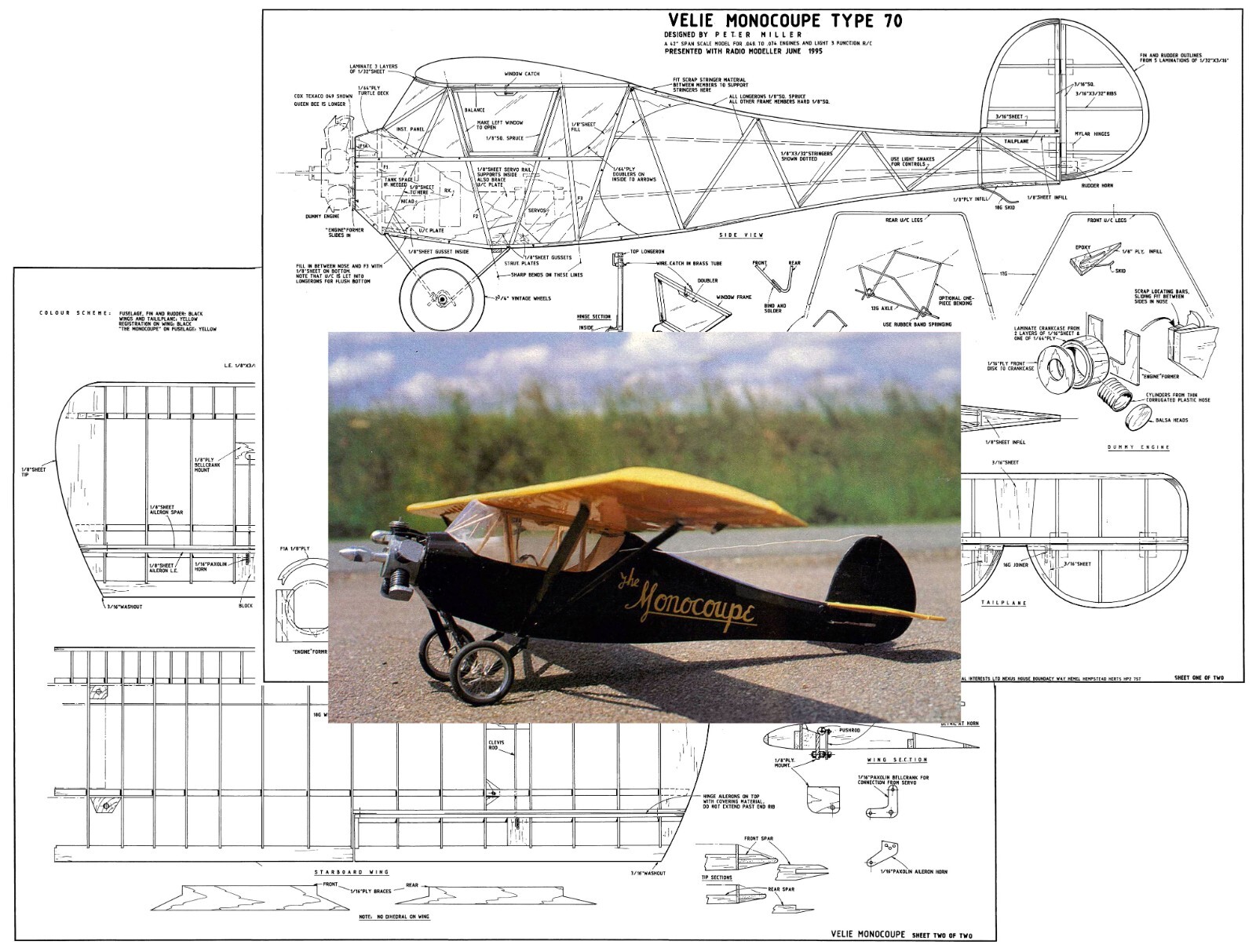 Model Airplane Plans (RC): Velie Monocoupe Type 70 42" Scale for .049-.074 Eng.