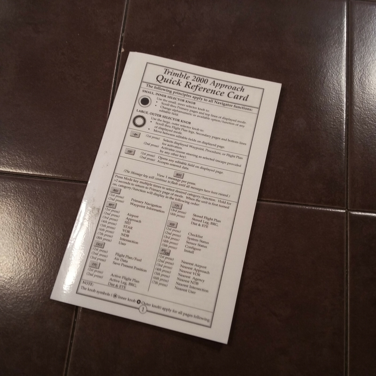 Trimble GPS 2000 Approach Quick Reference Tri-Fold Card.