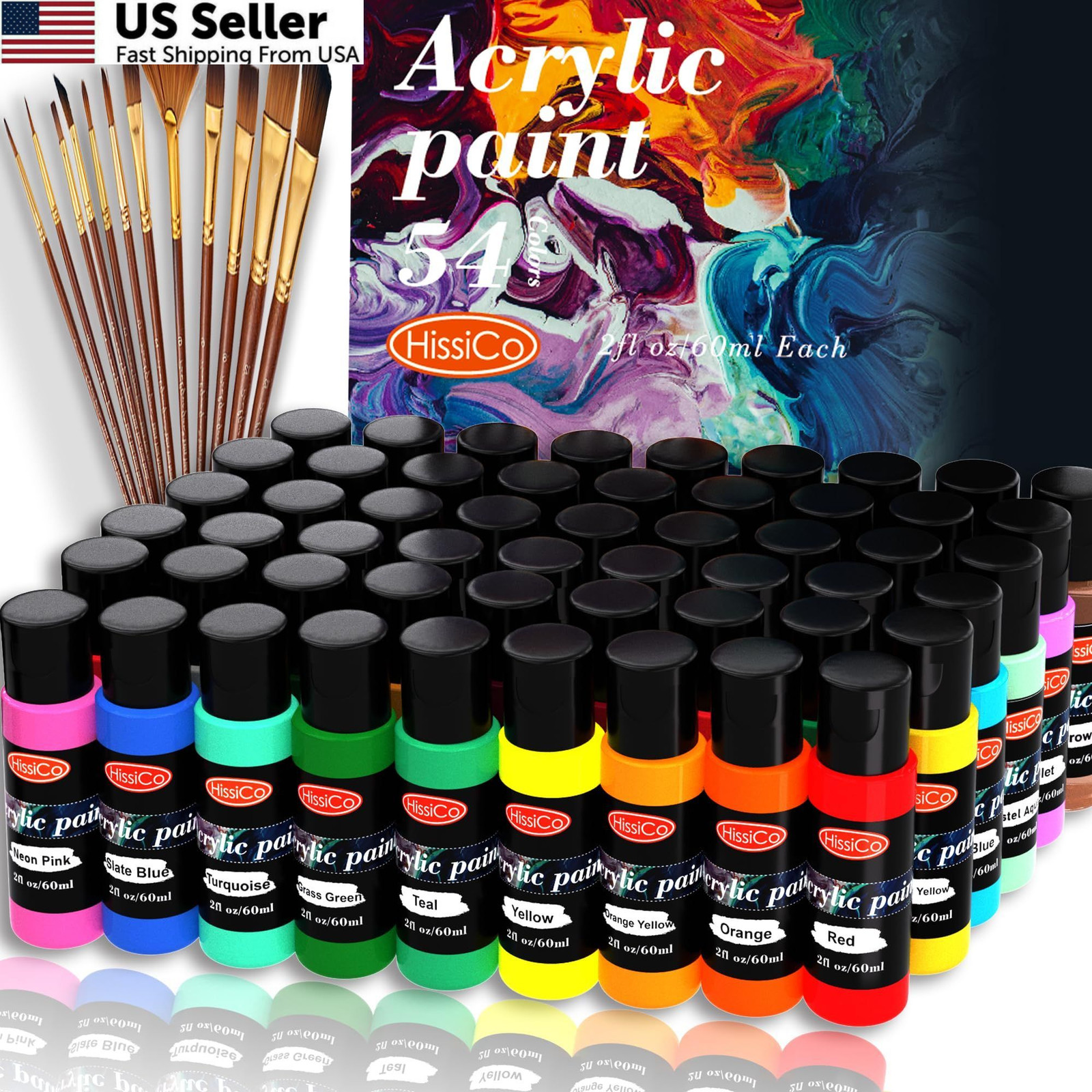 Acrylic Paint Set 66 PCS of 54 Colors 2fl 0.03 Fl Oz (Pack 67), 54 colors