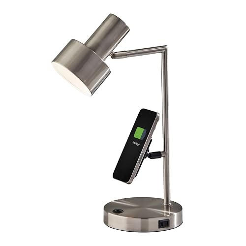 Supercharger Lamp with USB-A, USB-C, AC Outlet & Wireless Brushed Steel