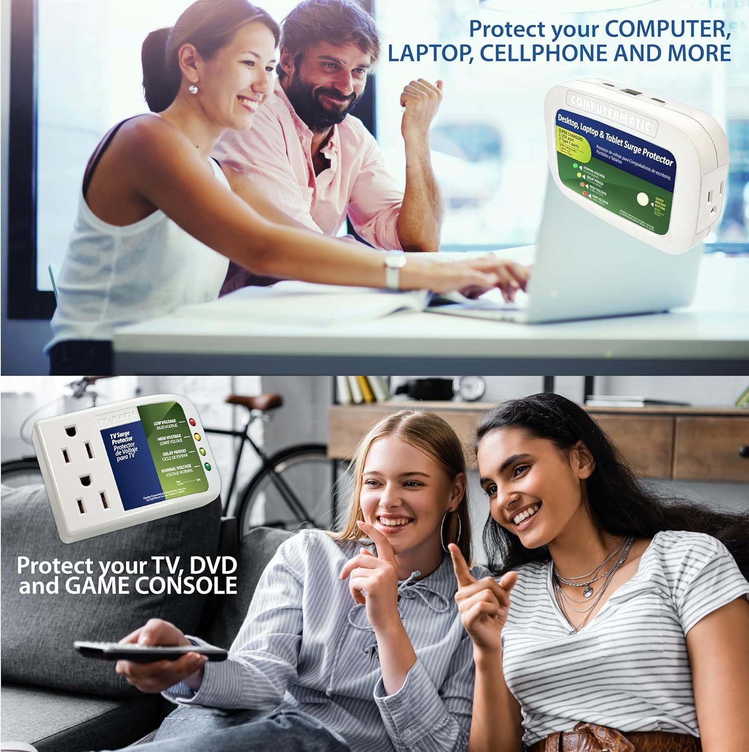 Two Electronic Voltage Surge Protector Combo for Your Devices: Computers / TV