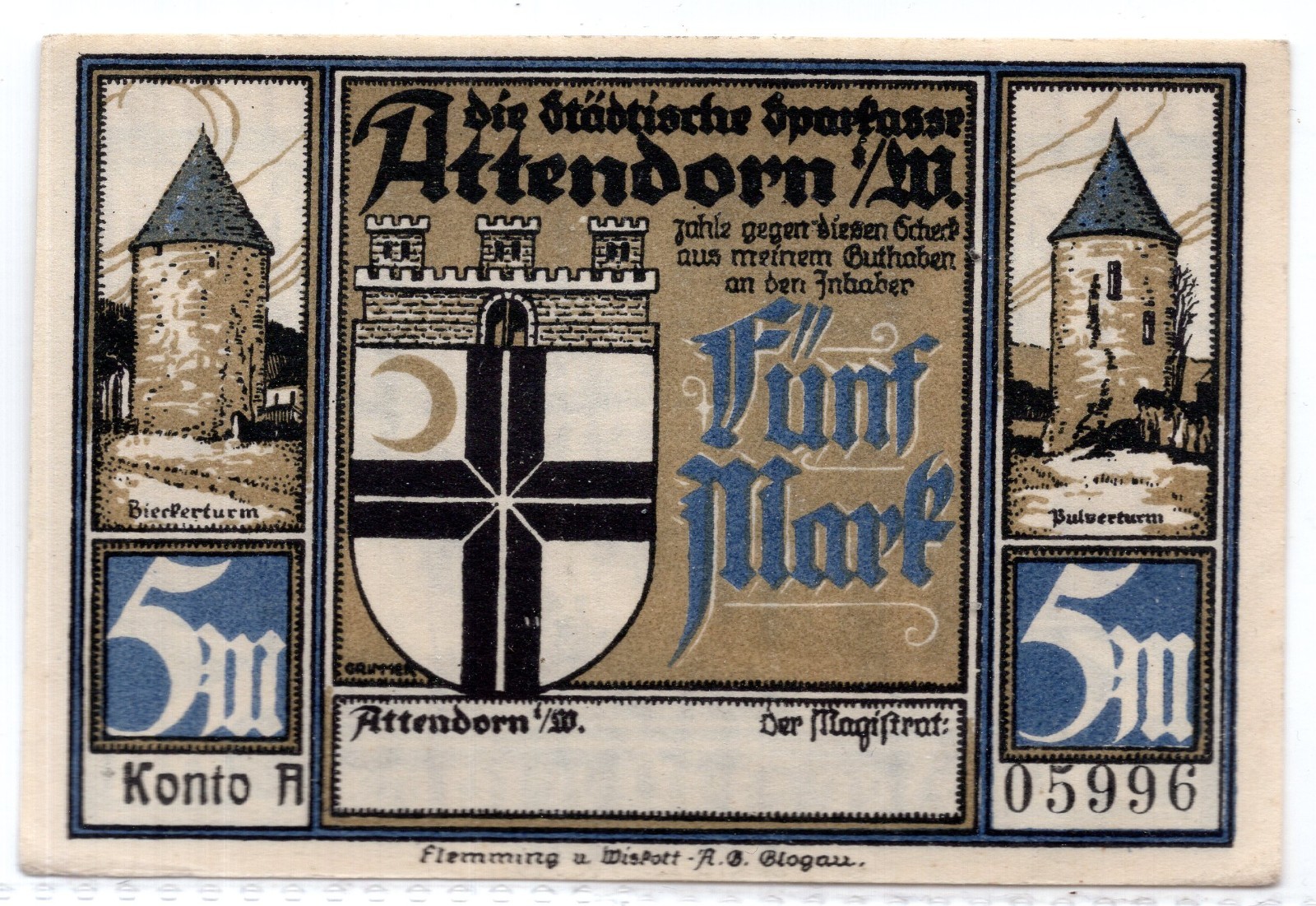 1922 Germany Attendorn Notgeld 5 Mark Note (NG8)