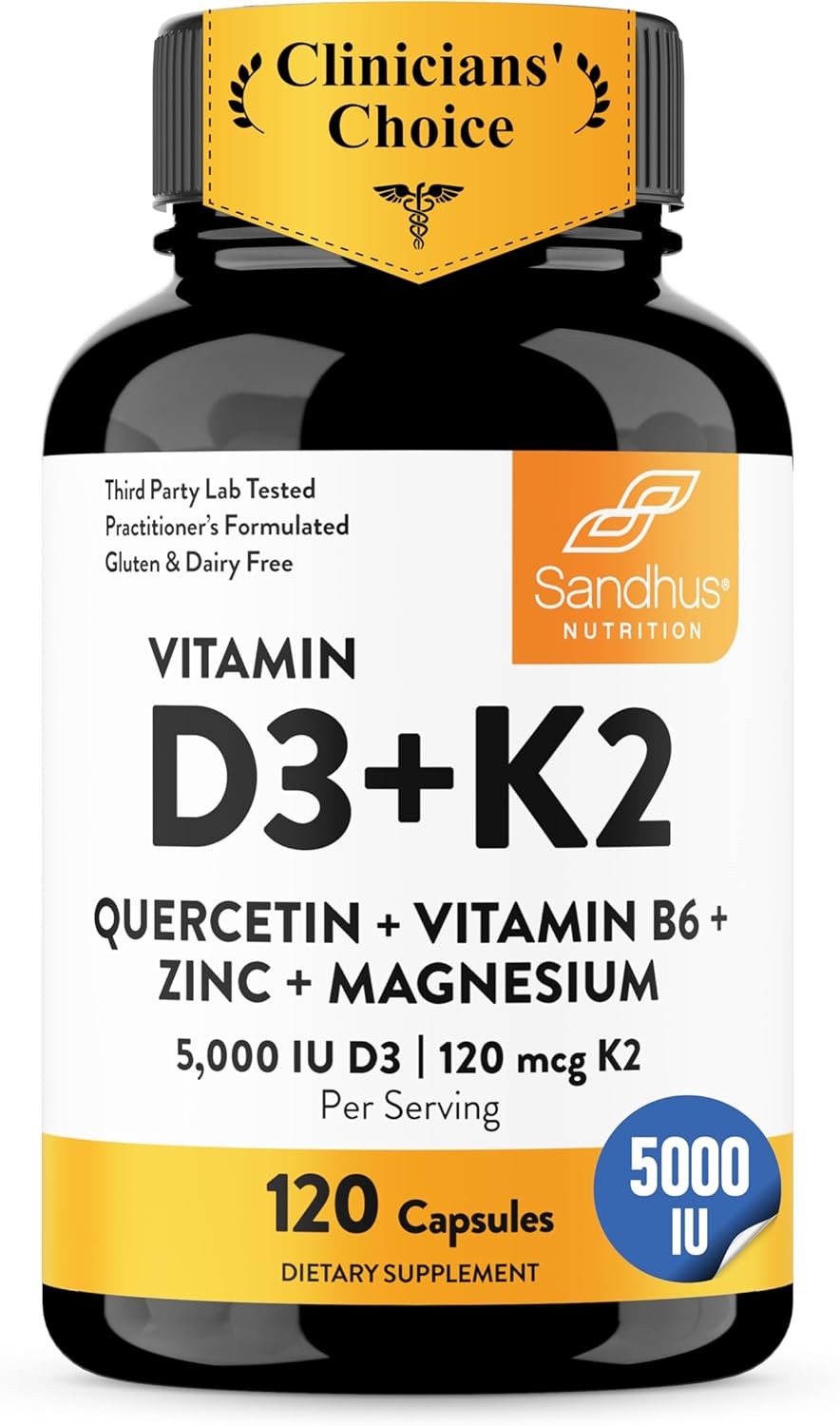Sandhu's Vitamin D3 K2 Magnesium 5000 IU,120mcg K2 Capsules 120 Count (Pack of 1