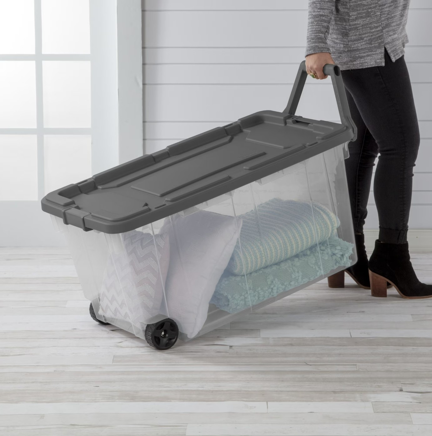 (2 pack) Sterilite 160 Quart Wheeled Storage Box, Extra Large Durable Clear Plas