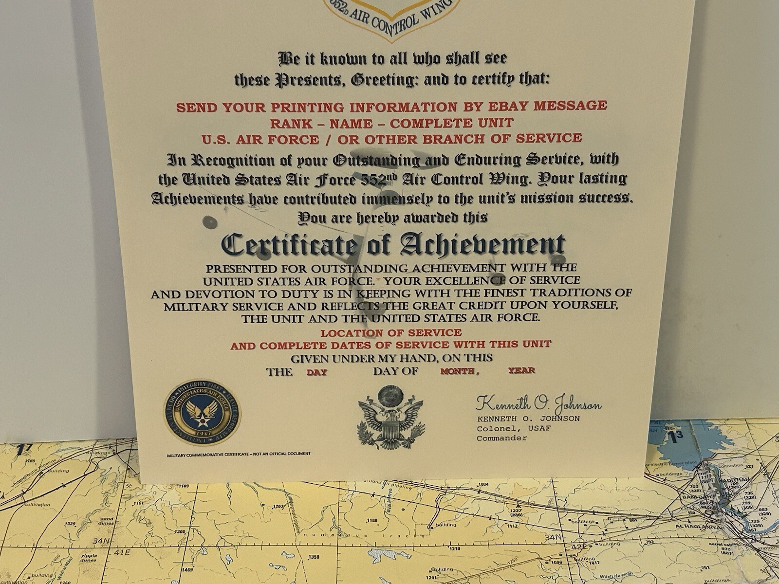 U.S.A.F. / AIR FORCE 552ND AIR CONTROL WING - CERTIFICATE OF ACHIEVEMENT