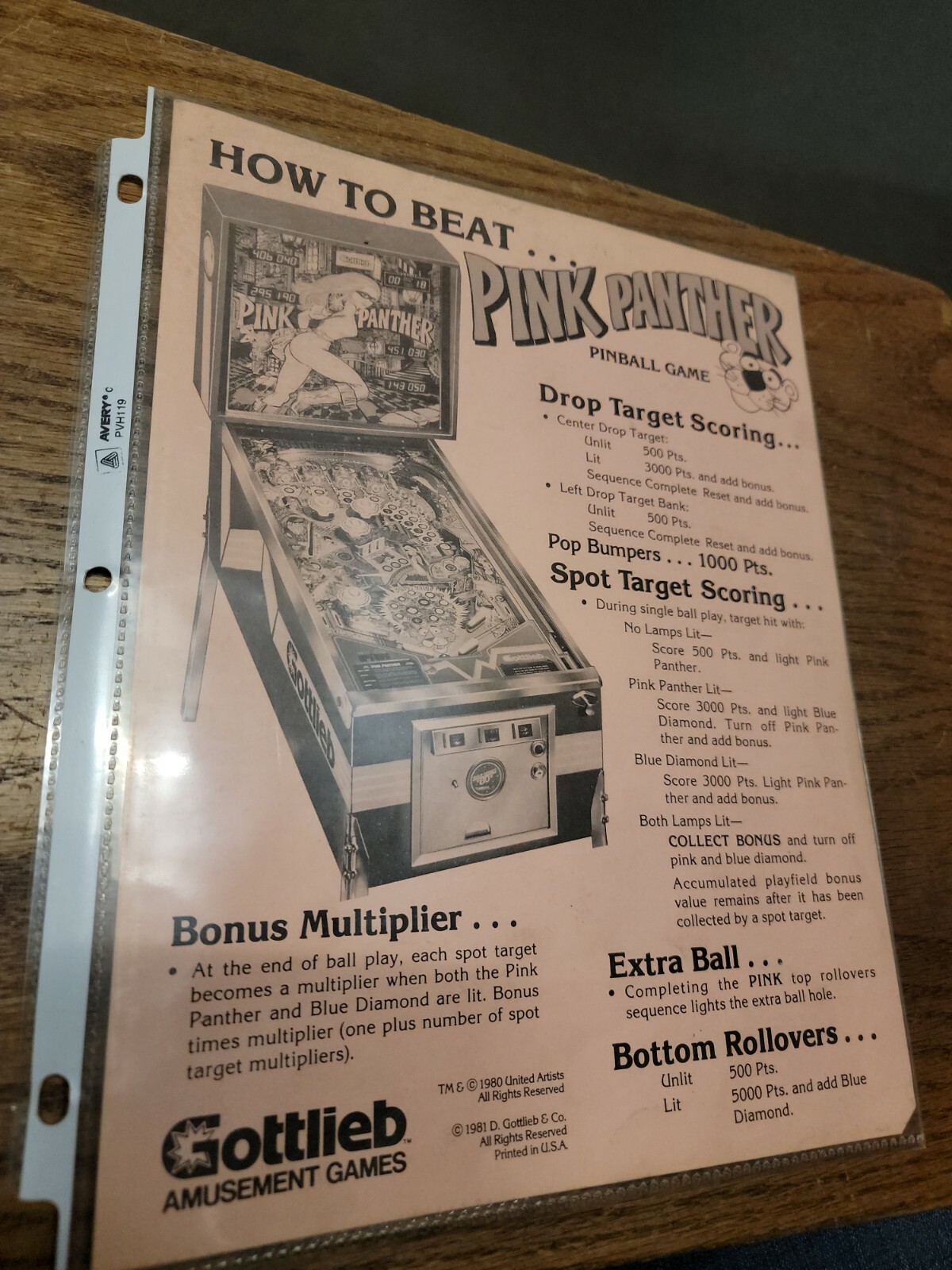 RARE Gottlieb PINK PANTHER Pinball flyer - good original