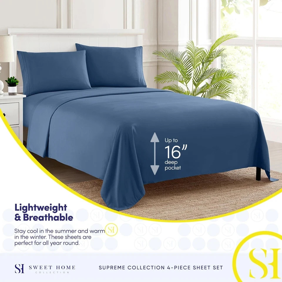 Queen Size Bed Sheets - Breathable Luxury Sheets with Full Elastic & Secure C...