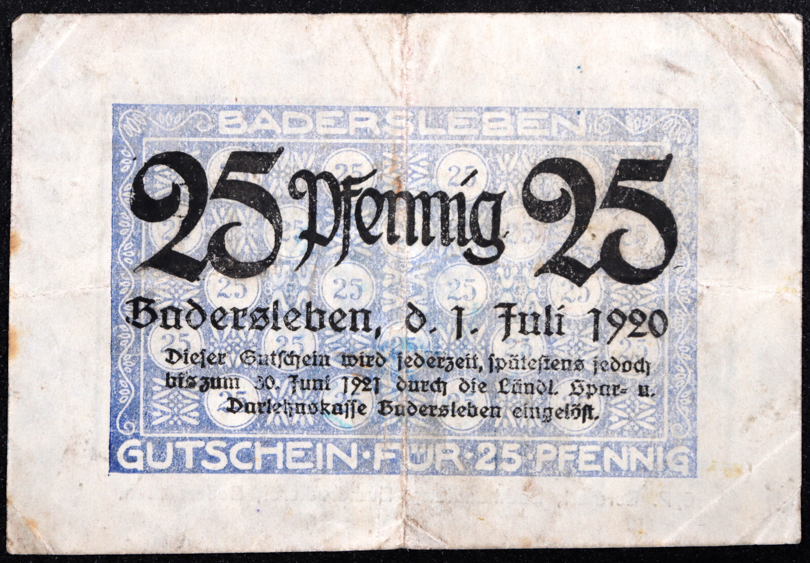 BADERSLEBEN 1920 RARE 25 Pfennig German Notgeld