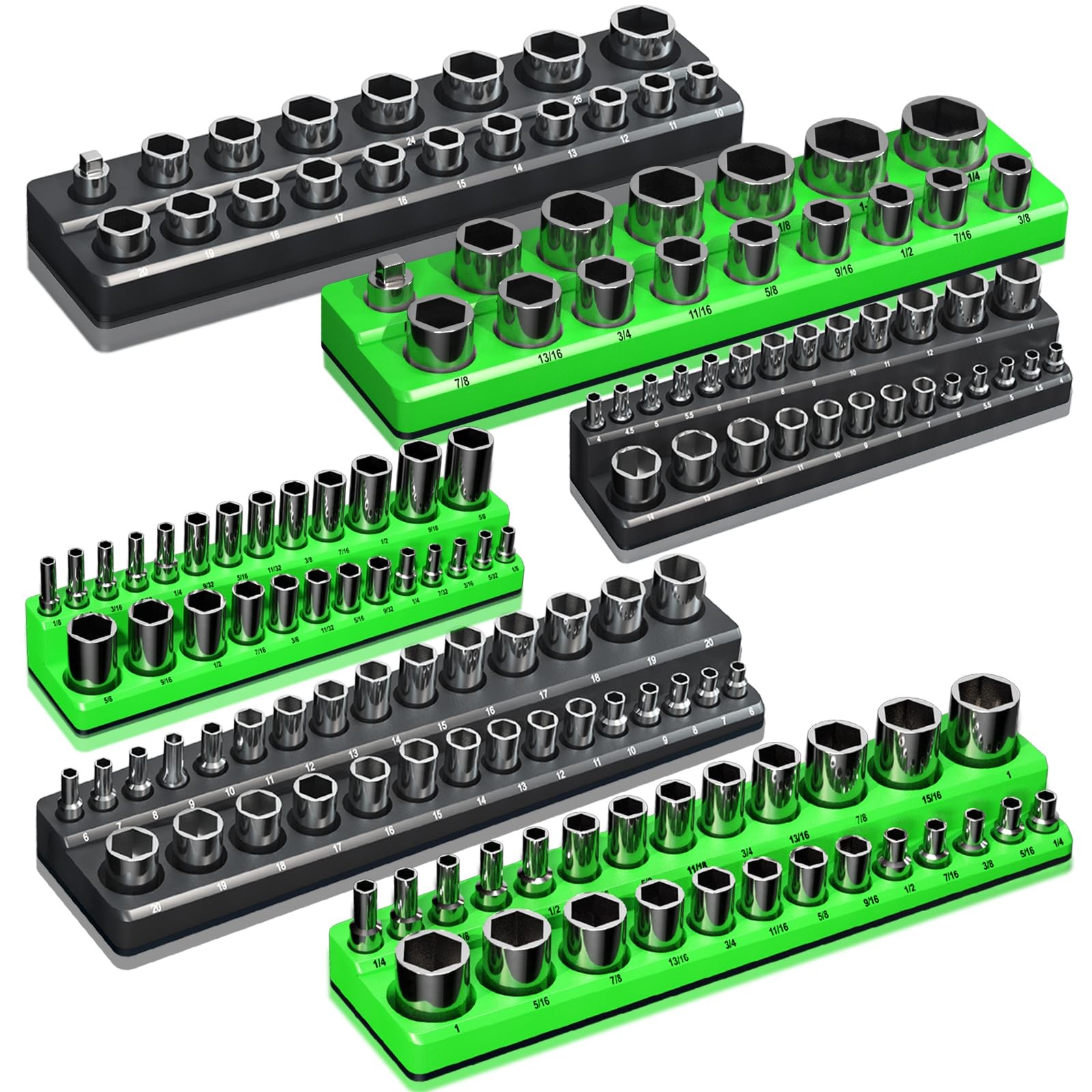 Magnetic Socket Organizer Holder Set For Tool Box Drawer, Toolbox Green+Black