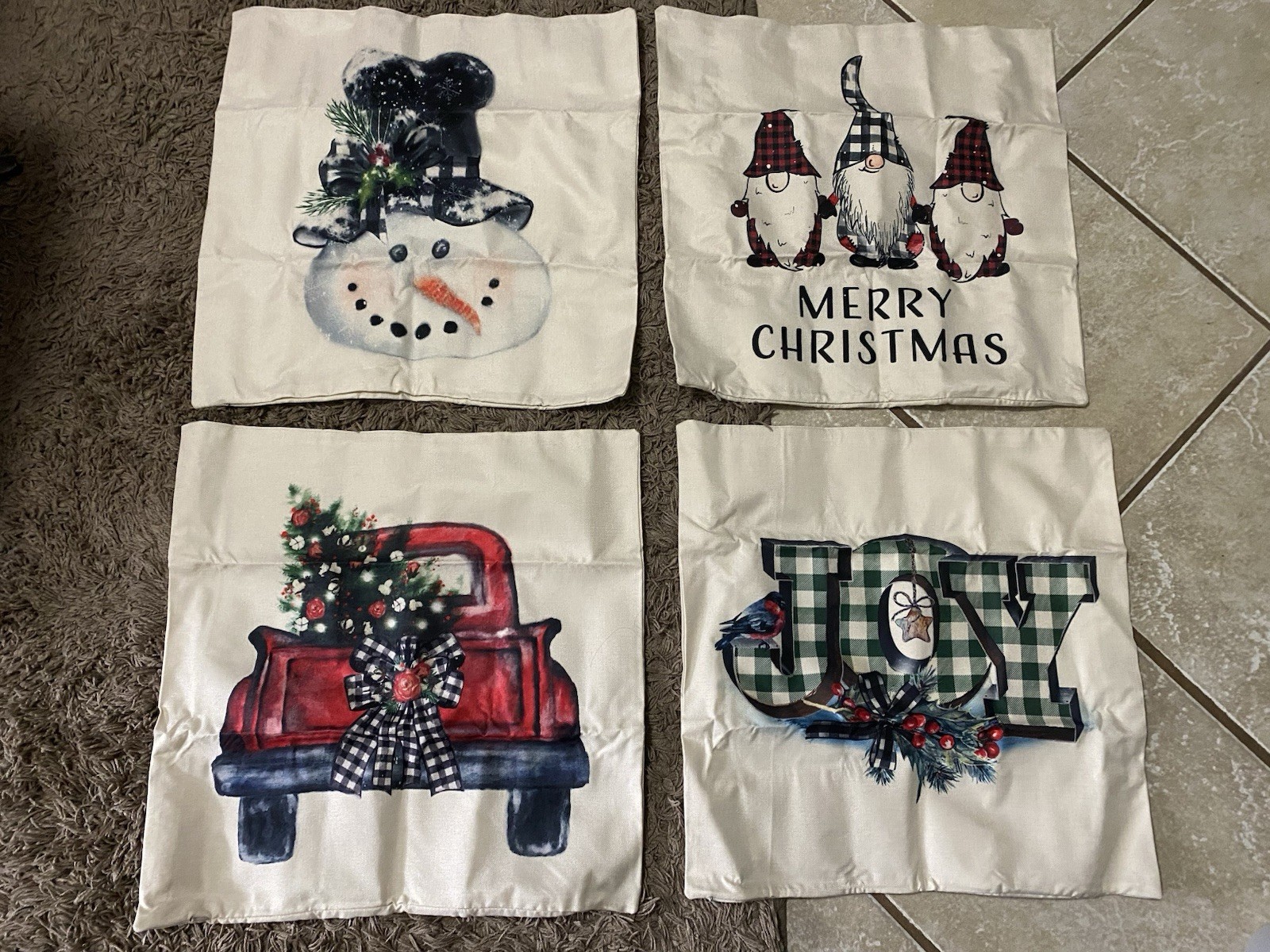 Set Of 4 ~ 21x21 ~ Christmas Pillow Covers ~ Gnomes ~ Snowman ~ JOY~ Truck ~ NEW
