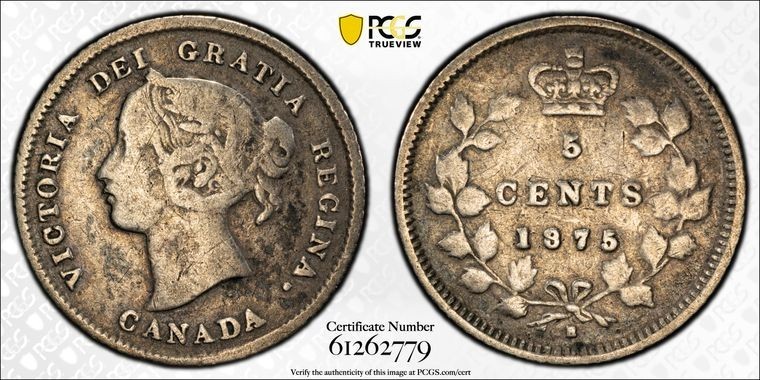 1875-H Canada 5 Cents PCGS VF20 Lot#G1187 Silver! Large Date