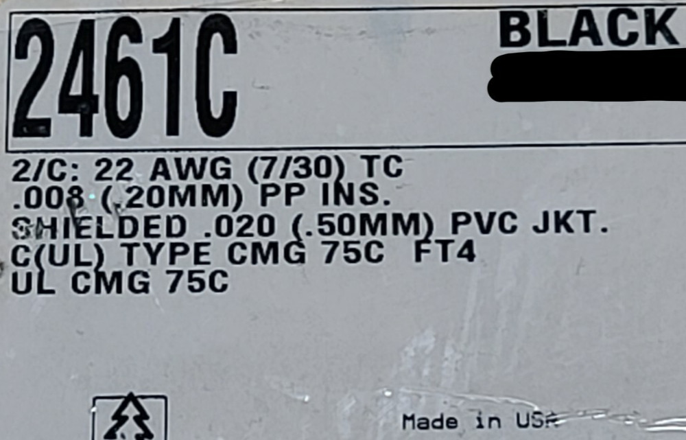 Alpha Wire 2461C 22/1P Twist Pair TnCu Shielded Audio/Control Cable Black /50ft