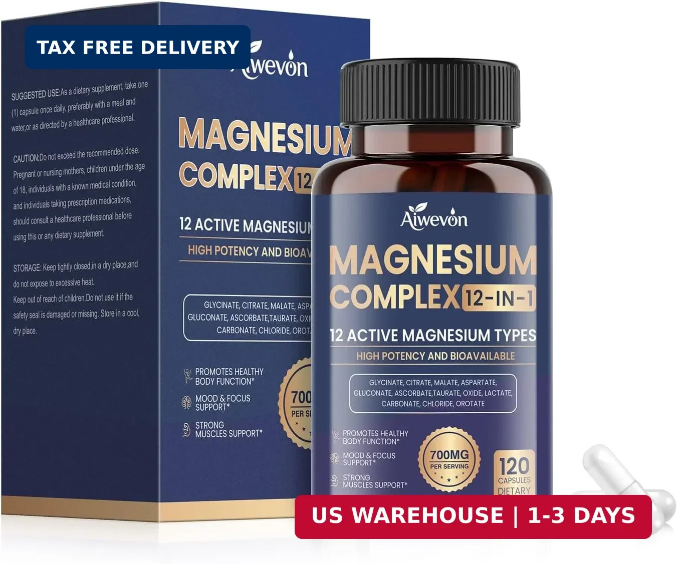 Complejo de magnesio 700 mg, suplemento de magnesio 12 en 1 con glicinato FAST,,