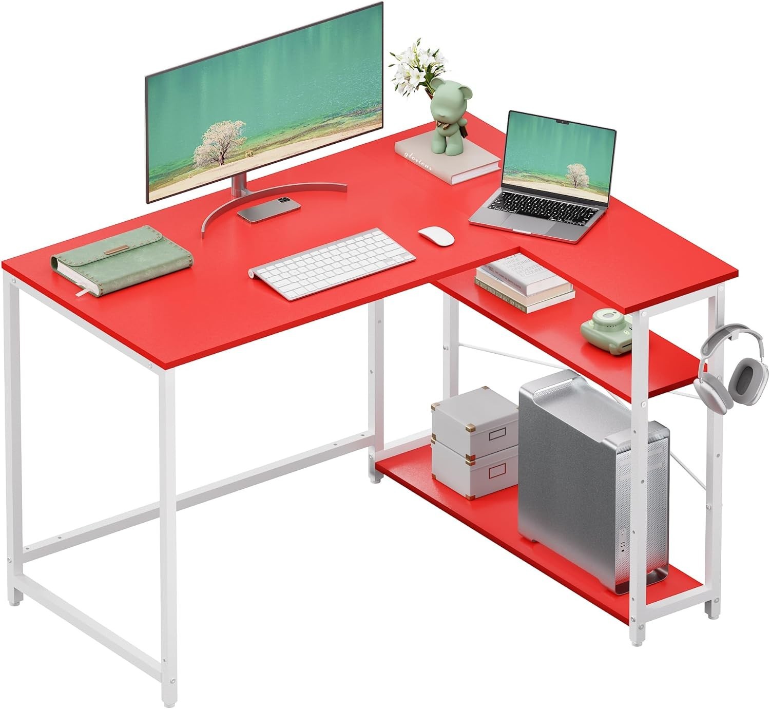 43 Inch L Shaped Computer Desk W/ Reversible Side Storage Shelves Small Corner