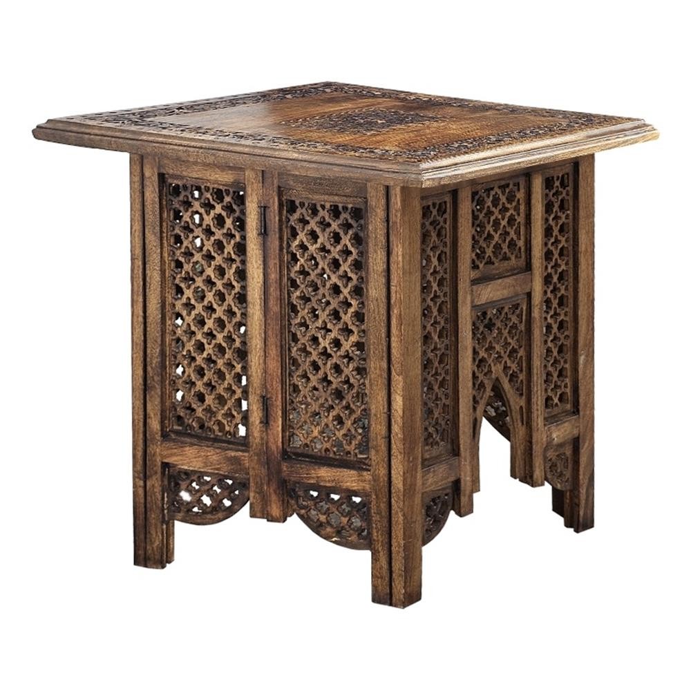 21 Inch Boho Side End Table- Floral Carved Details- Foldable Panel Legs