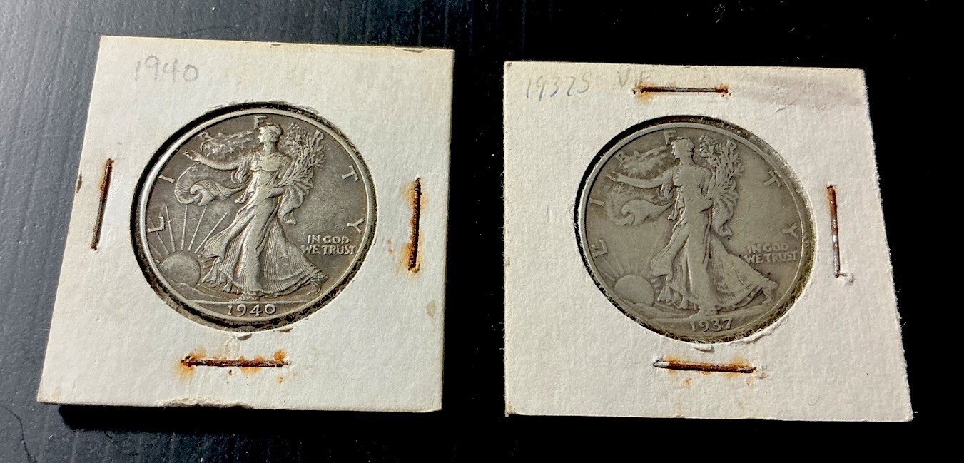 1937-S + 1940-P Walking Liberty Silver Half Dollars, Circulated, 2ea