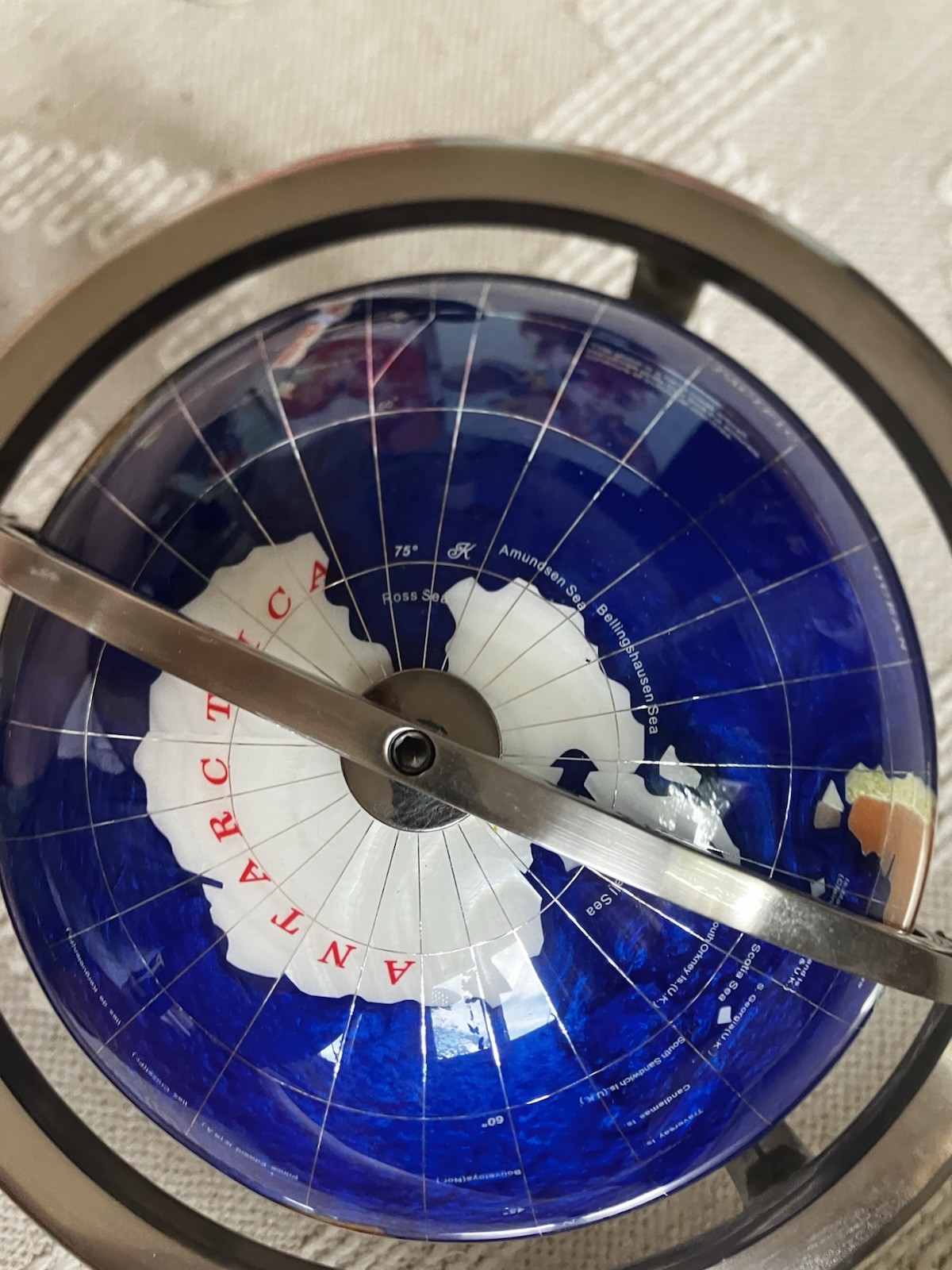 Blue Gemstone Tabletop World Globe w/ Rotating Silver Metal Base Compass
