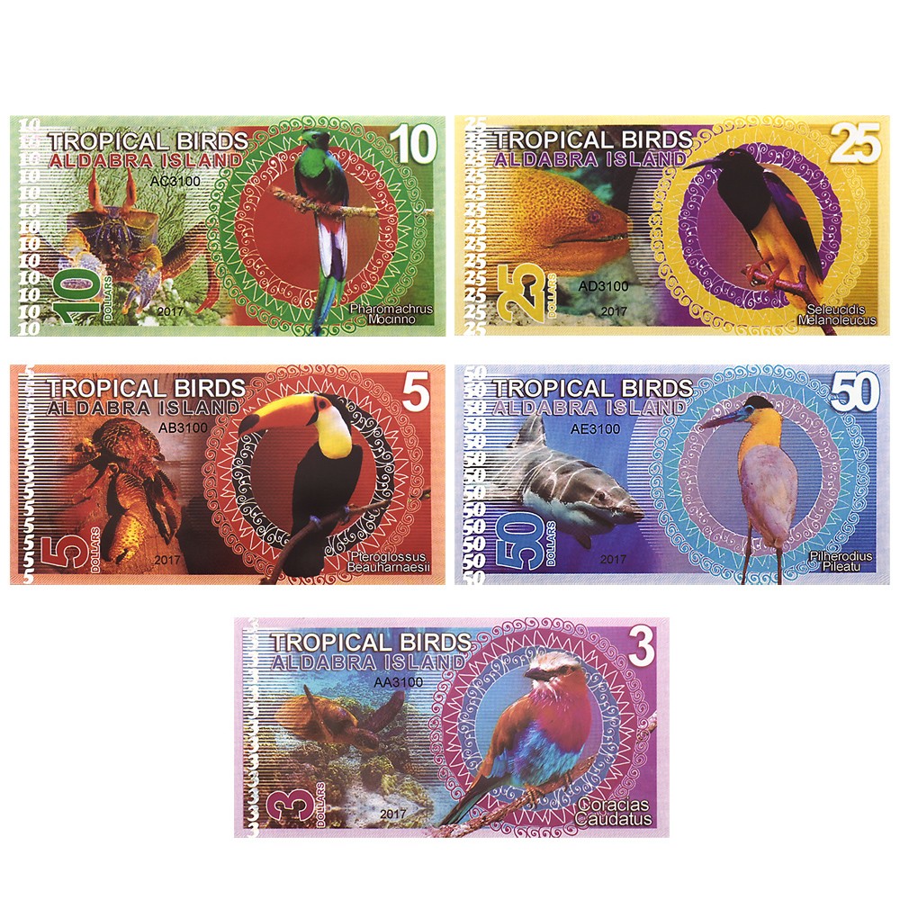 Tropical Birds Banknote Set 5 Piece Aldabra Island - Exotic Bird Banknote