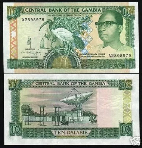 Gambia 10 DALASI P-13 A 1991 UNC Rare Sign 10 Gambian Ibis Currency Animal NOTE