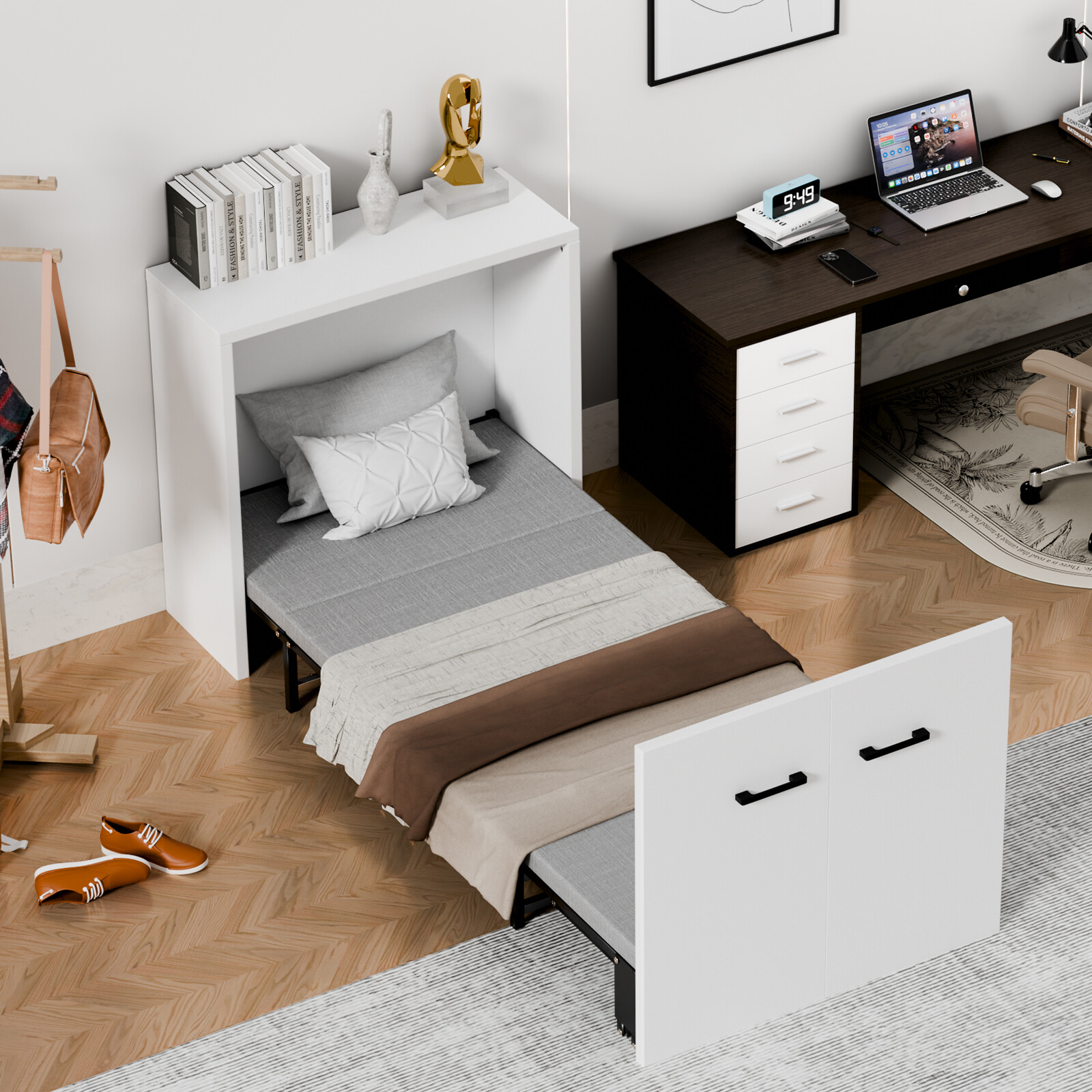 SUNYRISY Multi-Functional 2-in-1 Murphy Cabinet Bed, 4 Folded Bed With Mattress