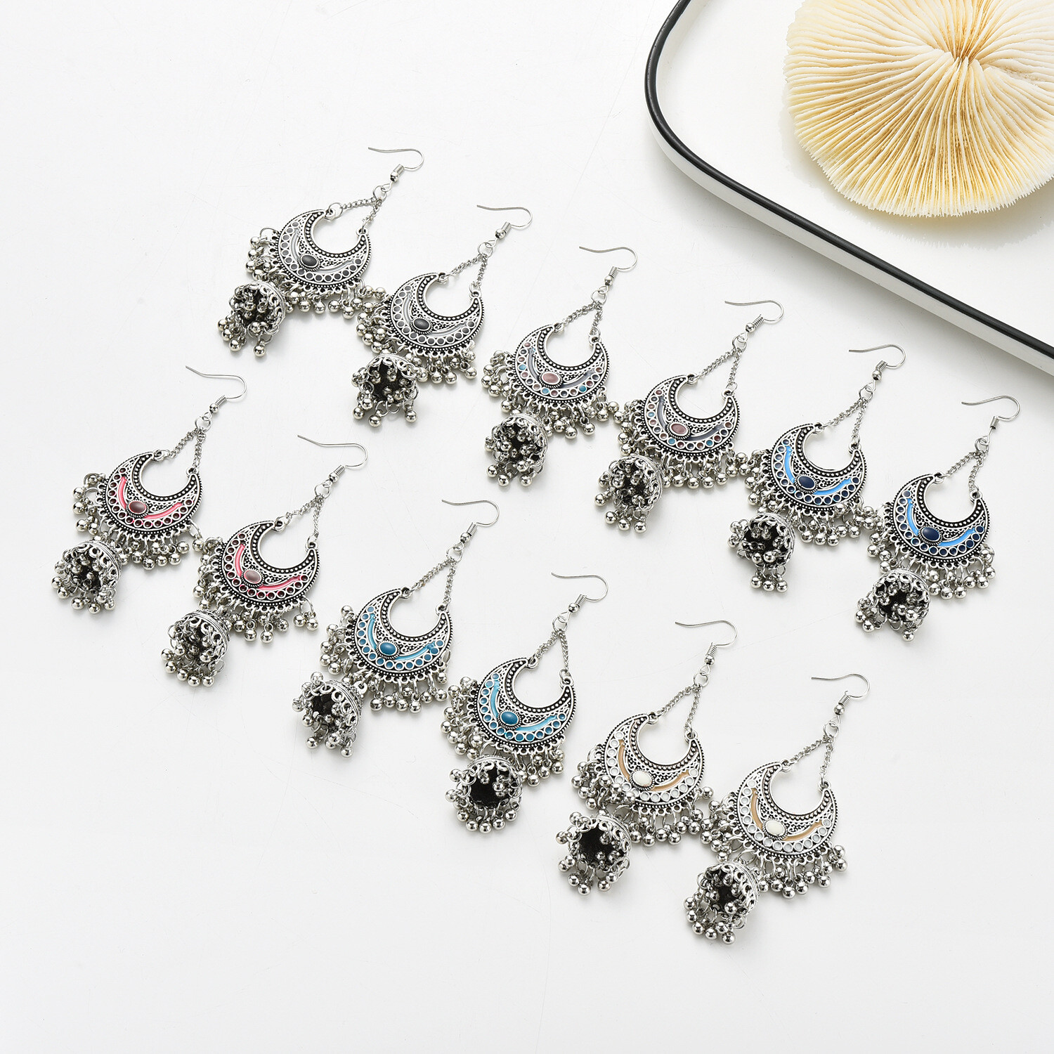 Bohemian Ethnic Tibetan Silver Color Enamel Dangle Tassels Hook Earrings