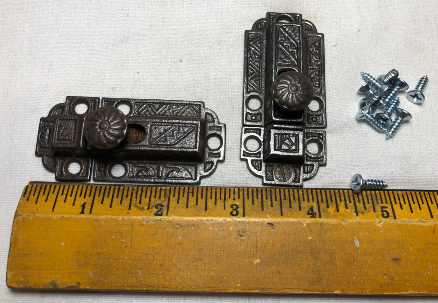Cabinet Latch Pair Cast Iron Eastlake Antique Hardware Vtg Cupboard Lock #J88