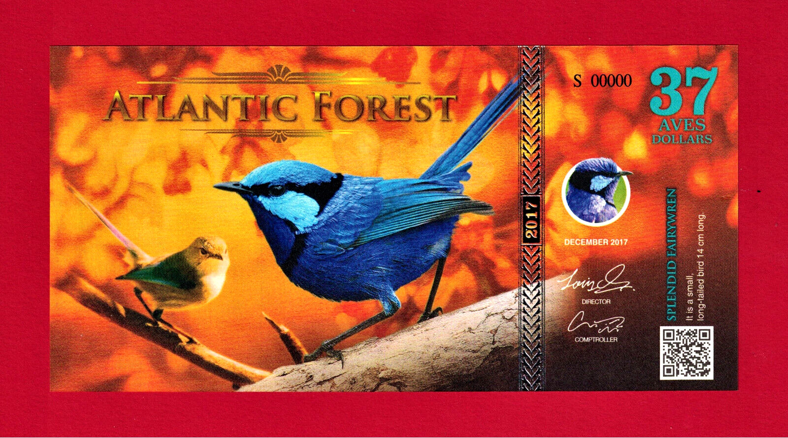 SCARCE 37 AVES DOLLARS 2017 ATLANTIC FOREST SPLENDID FAIRYWREN SPECIMEN UNC NOTE