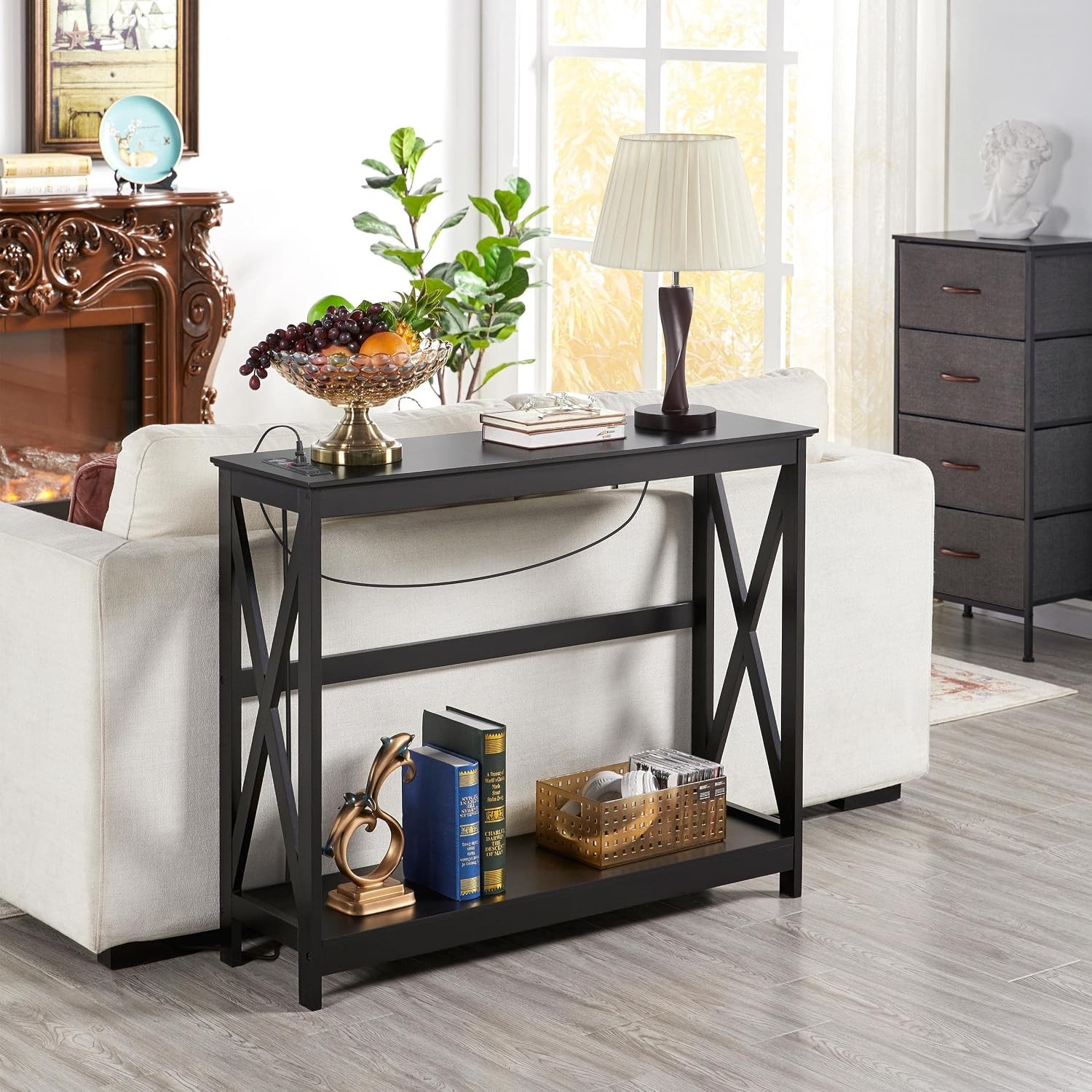 40" Narrow Entryway Console Table with 2 Outlets, Black X-Frame | Buil