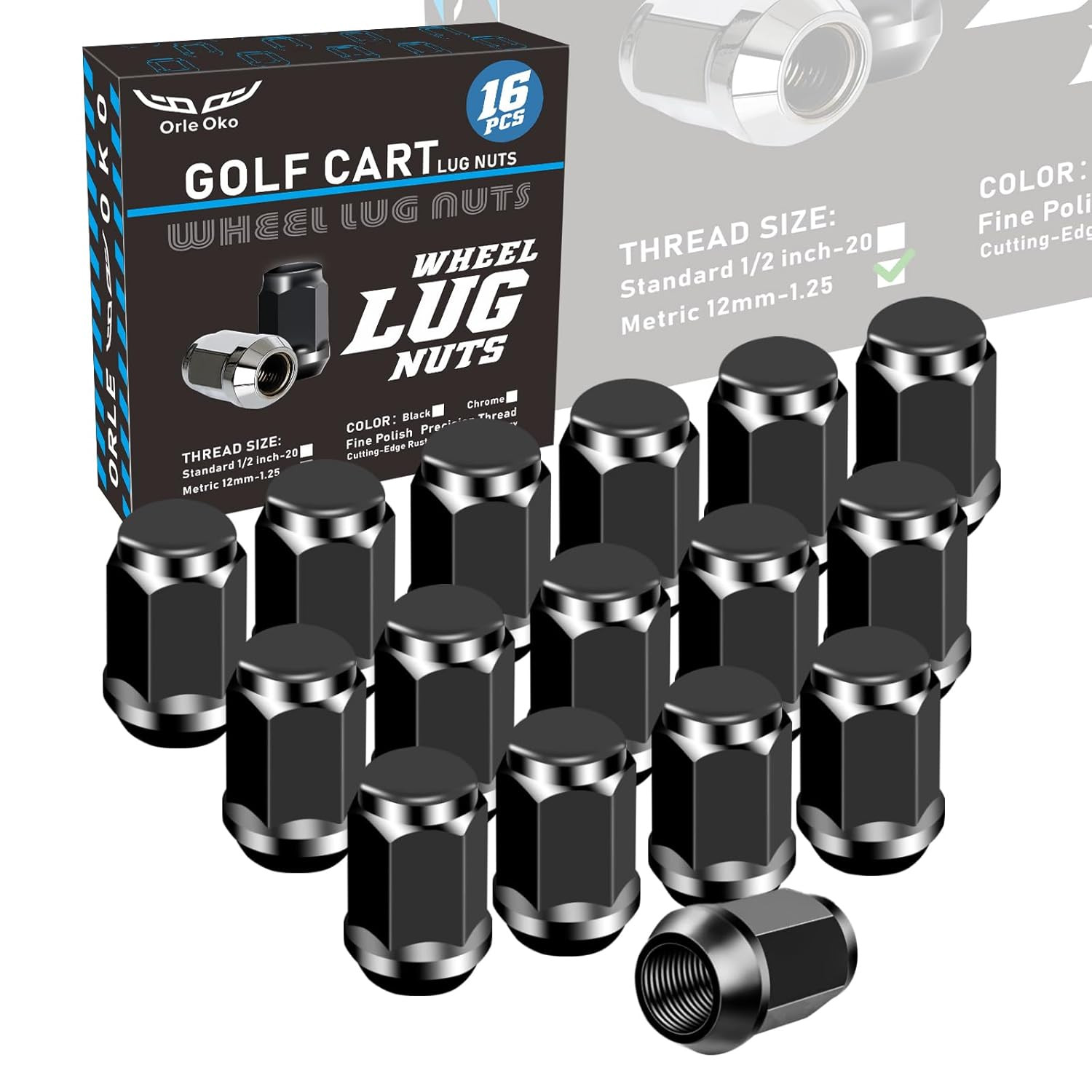 Golf Cart Black Lug Nuts for Yamaha/Gem, Metric 12Mmx1.25 Pack of 16 (Black)