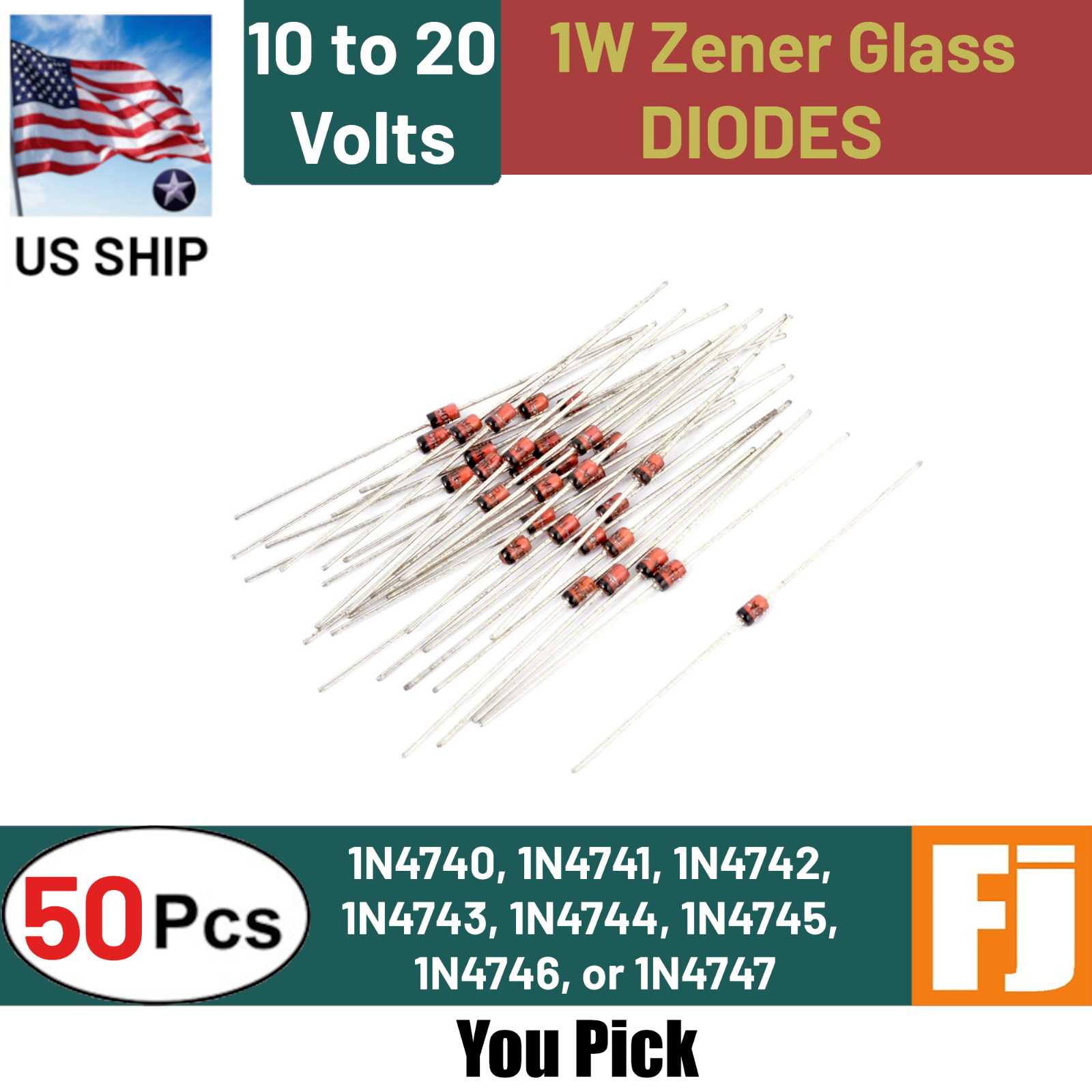 50 Pcs 1W Zener Glass Diode | 10-20V 1N4740 to 1N4750 | You Pick | US Ship