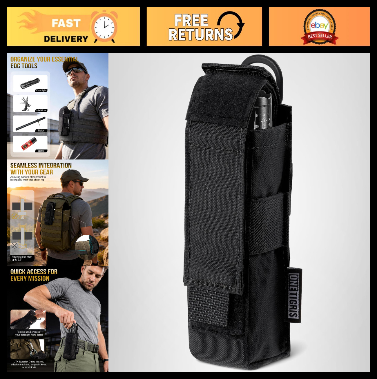 Tactical Flashlight Holster Pouch - Molle Holder for Belt, 1000D Nylon, Durable