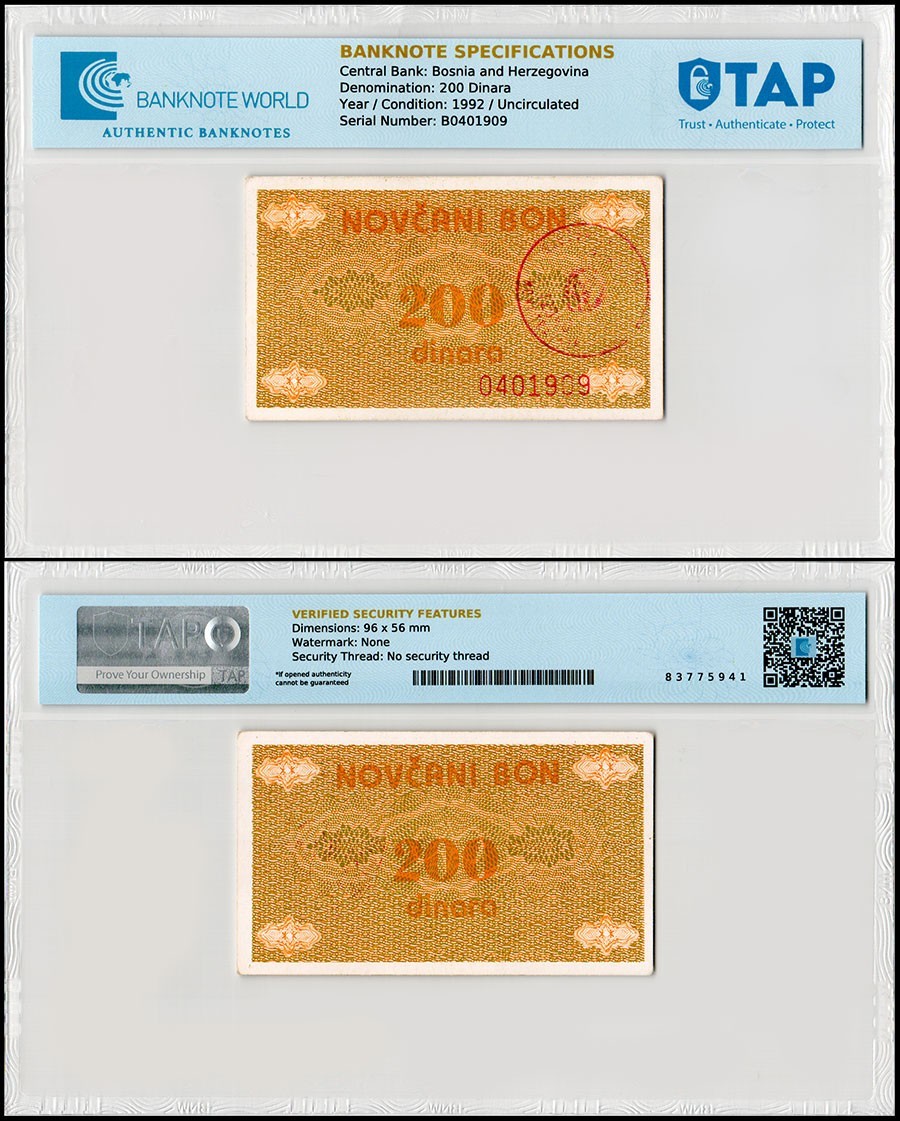 Bosnia & Herzegovina 200 Dinara, 1992 ND, P-48b, UNC, TAP Authenticated