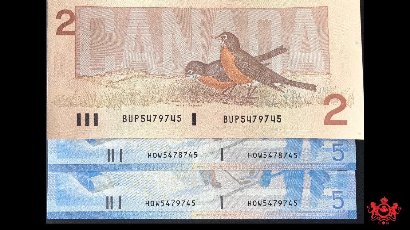 1986-2005 Bank Of Canada 2$ & 5$ Consecutive Matching Radar Serial - CHunc - #4