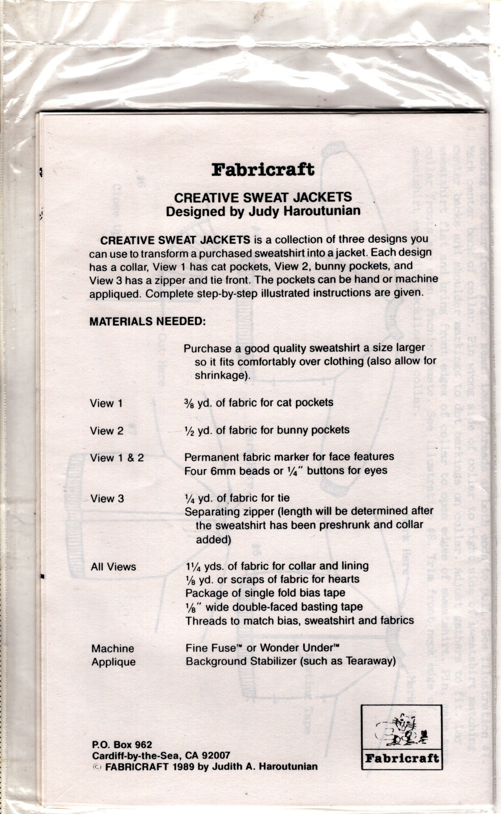 Creative Sweat Jackets" ©1989 Fabricraft Sewing Pattern # 231 Collar & Applique