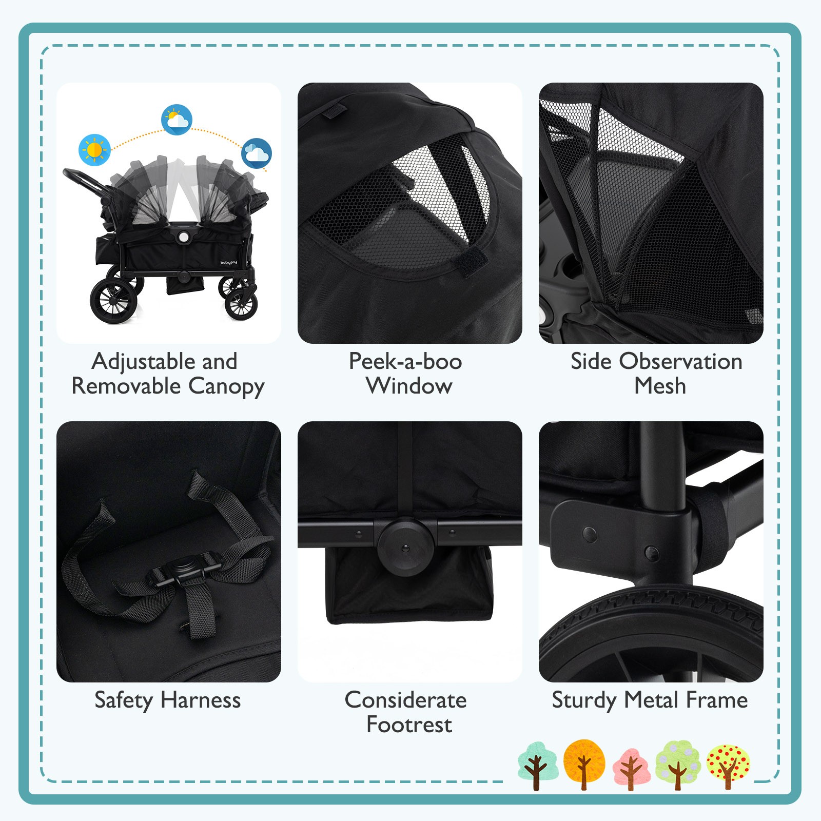 Wagon Stroller for 2 Kids Push Pull Double Stroller w/ Adjustable Handle