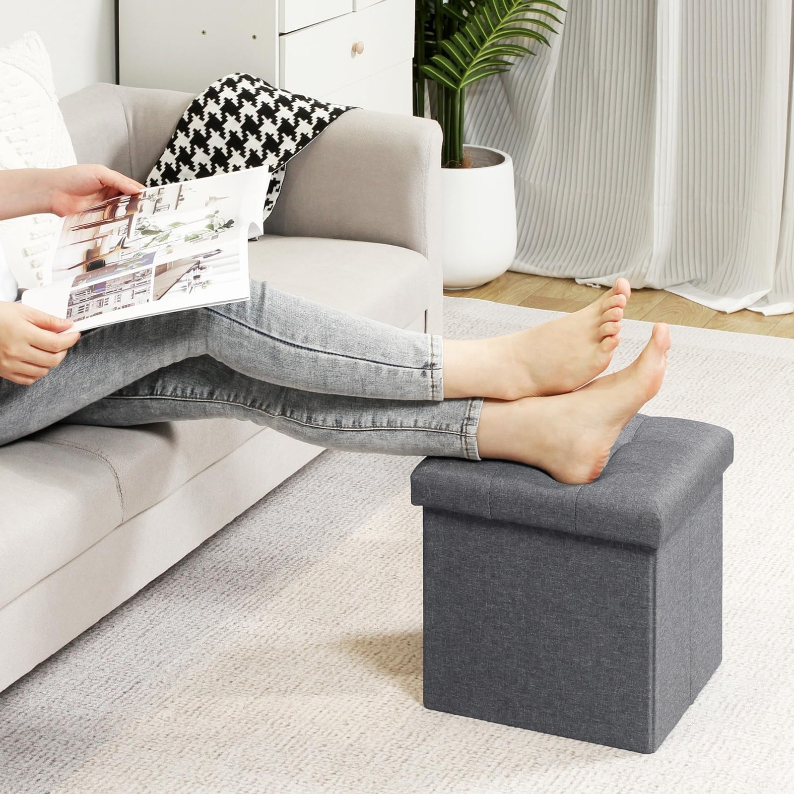 B FSOBEIIALEO Storage Ottoman Cube, Toy Chest Folding Foot Rest Seat, Linen Grey