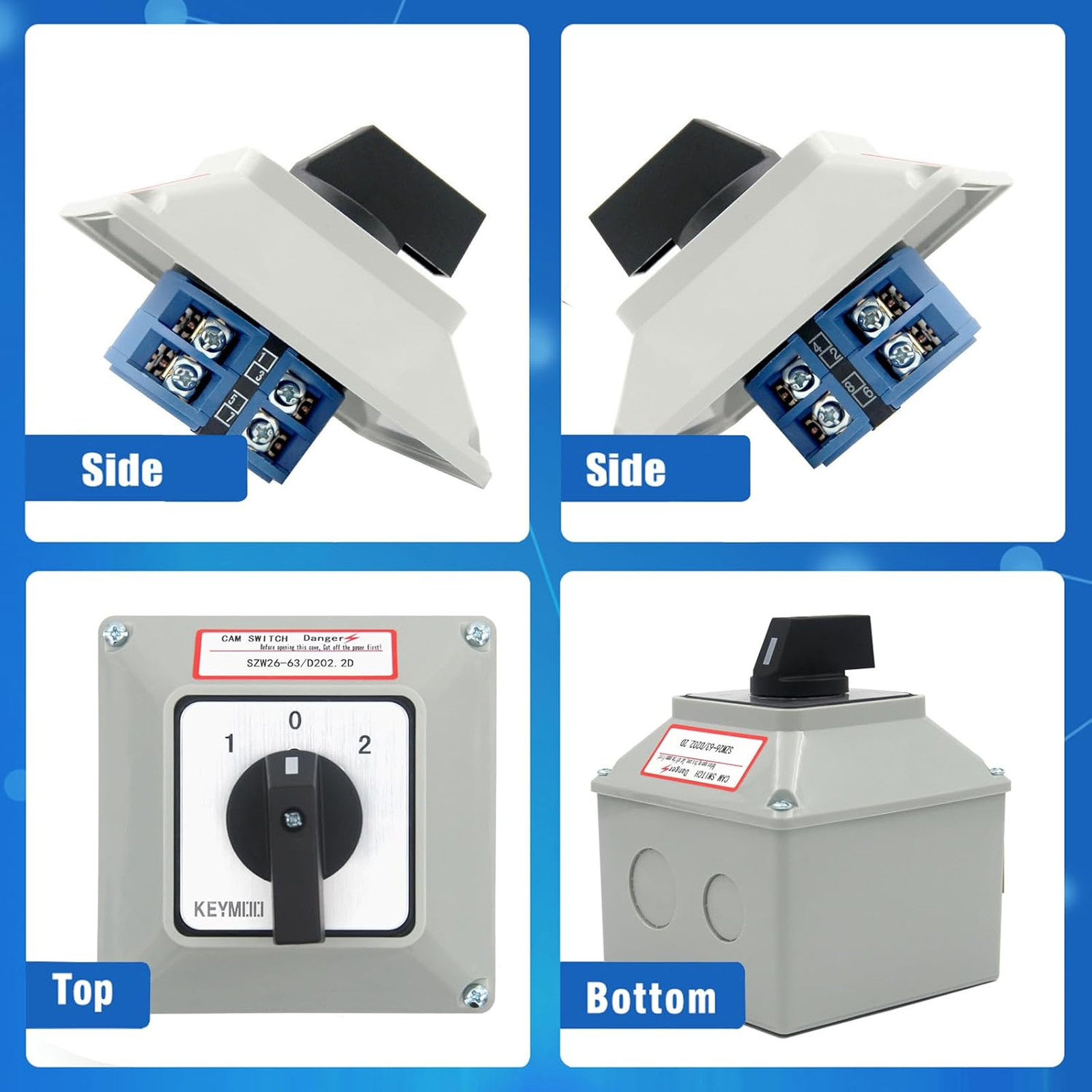 63A 660V 2 Pole Rotary Changeover Switch with Outer Box, 3 Position ON-Off-ON