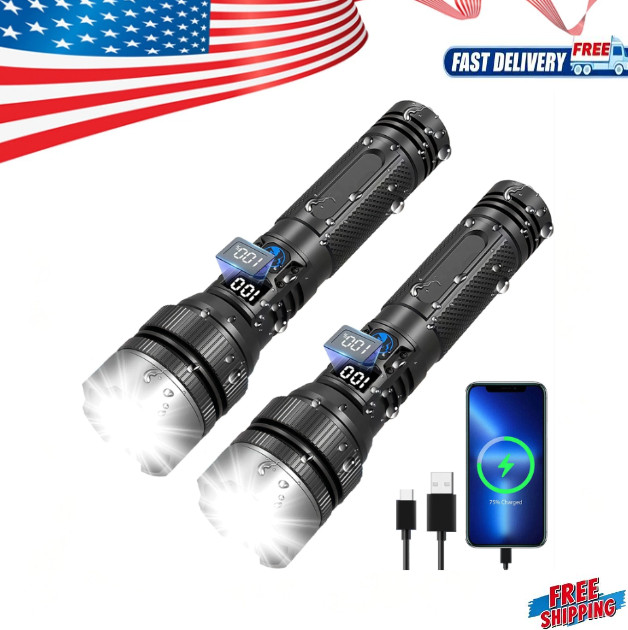Portable Tactical Flashlight Super Bright LED Rechargeable Flashlights USB 2PACK