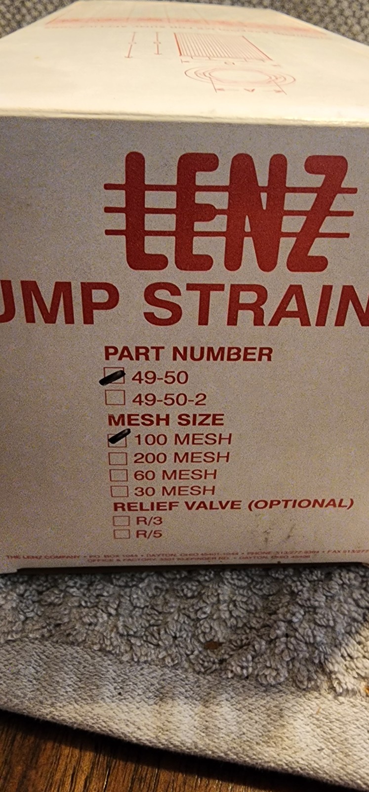 Lenz 49-50 100 mesh sump strainer