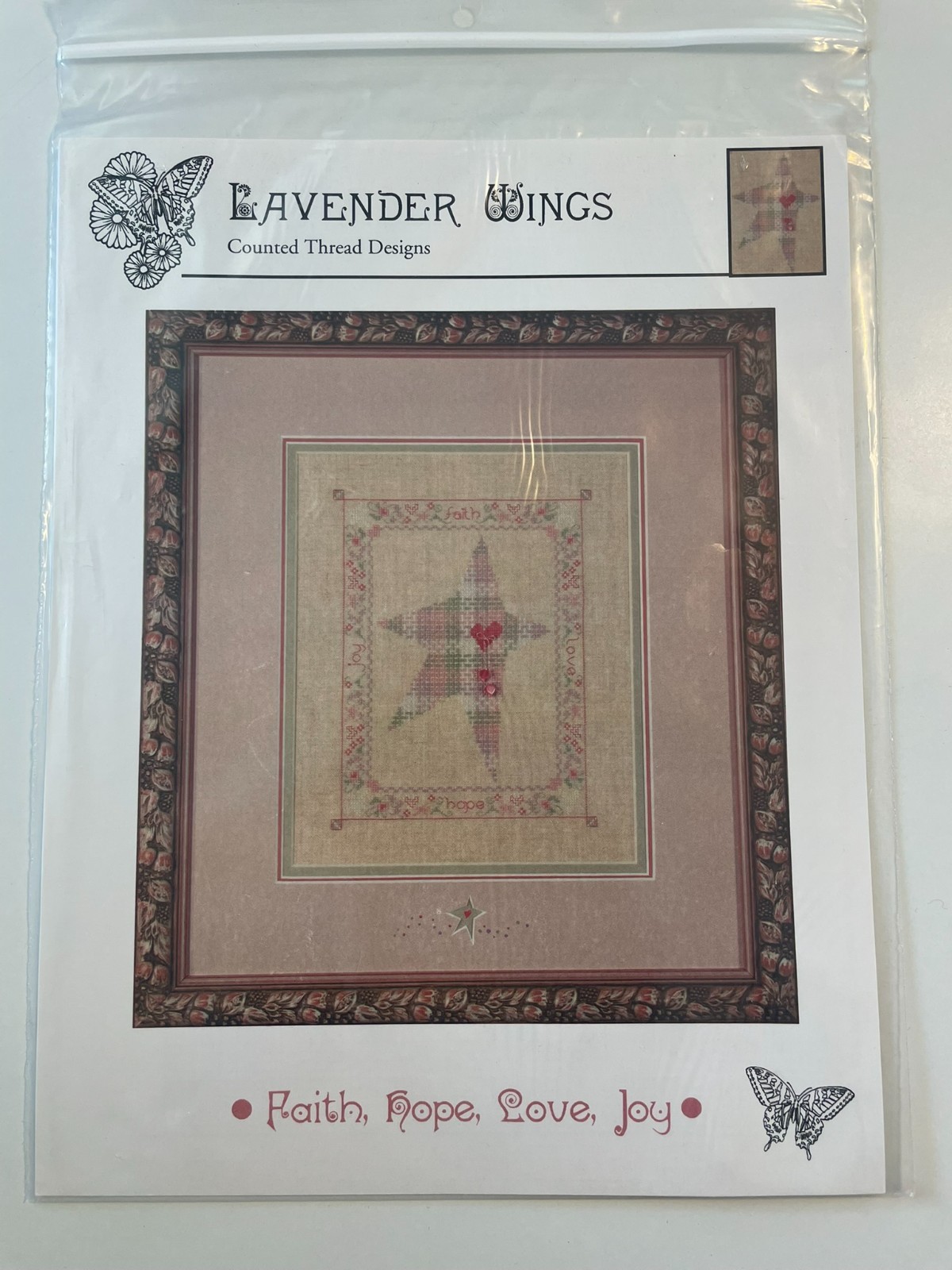 NEW W/ BEAD PACK - Lavender Wings - Faith, Hope, Love, Joy Cross Stitch Chart