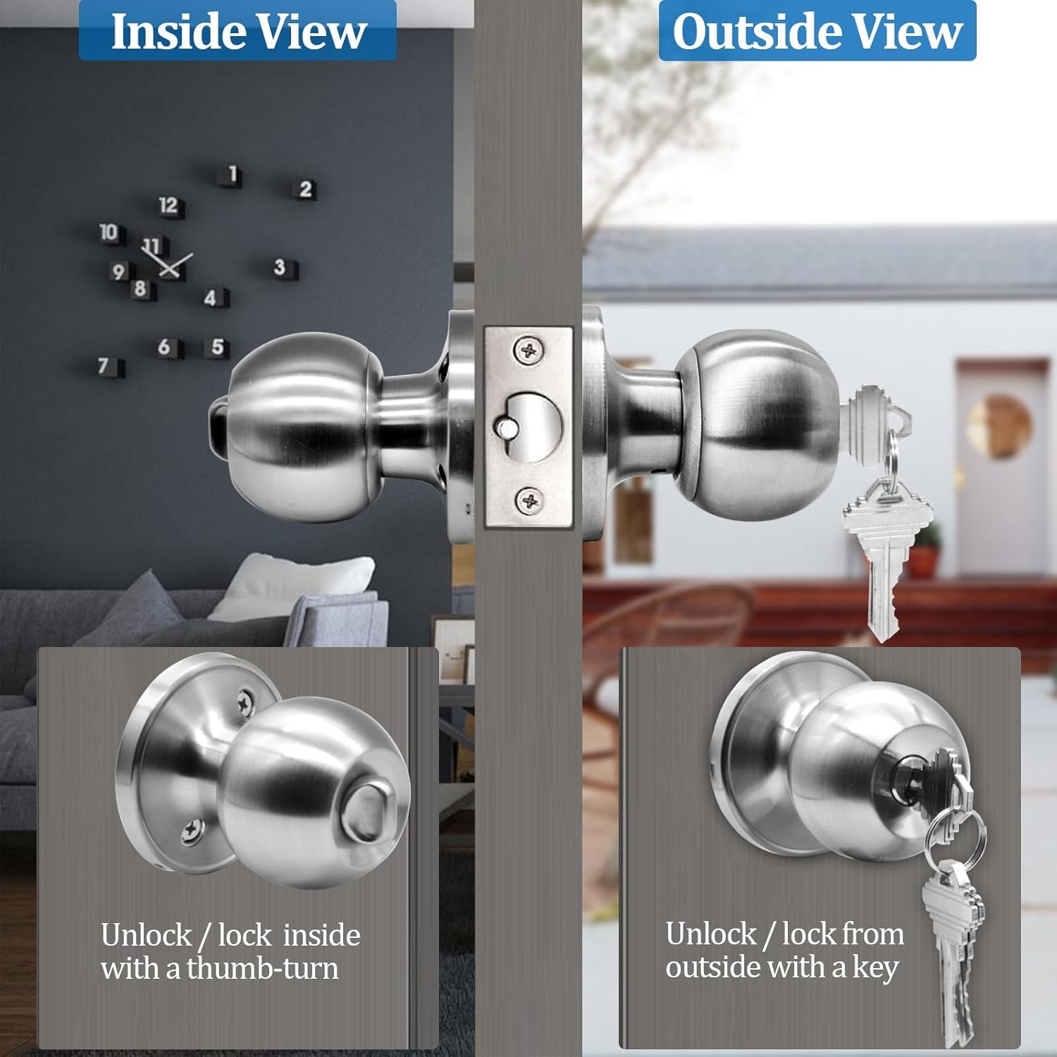 5" Backset Latch Keyed Entry Door Knob with Lock and Key, Standard Square Interf