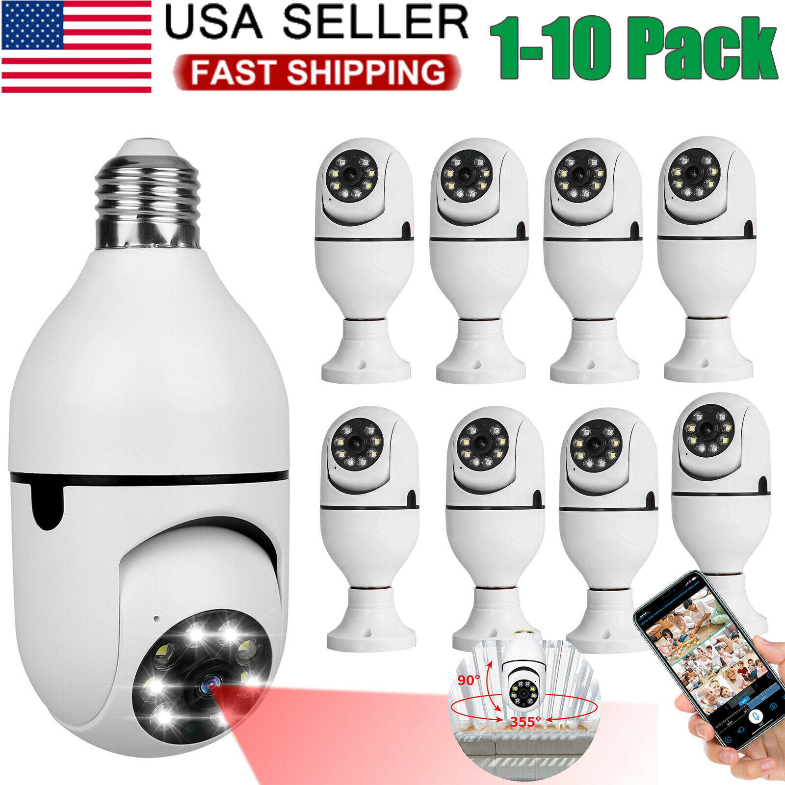 360° Panoramic 5G WiFi IR IP E27 Light Bulb Camera 1080P HD Night Smart Home LOT