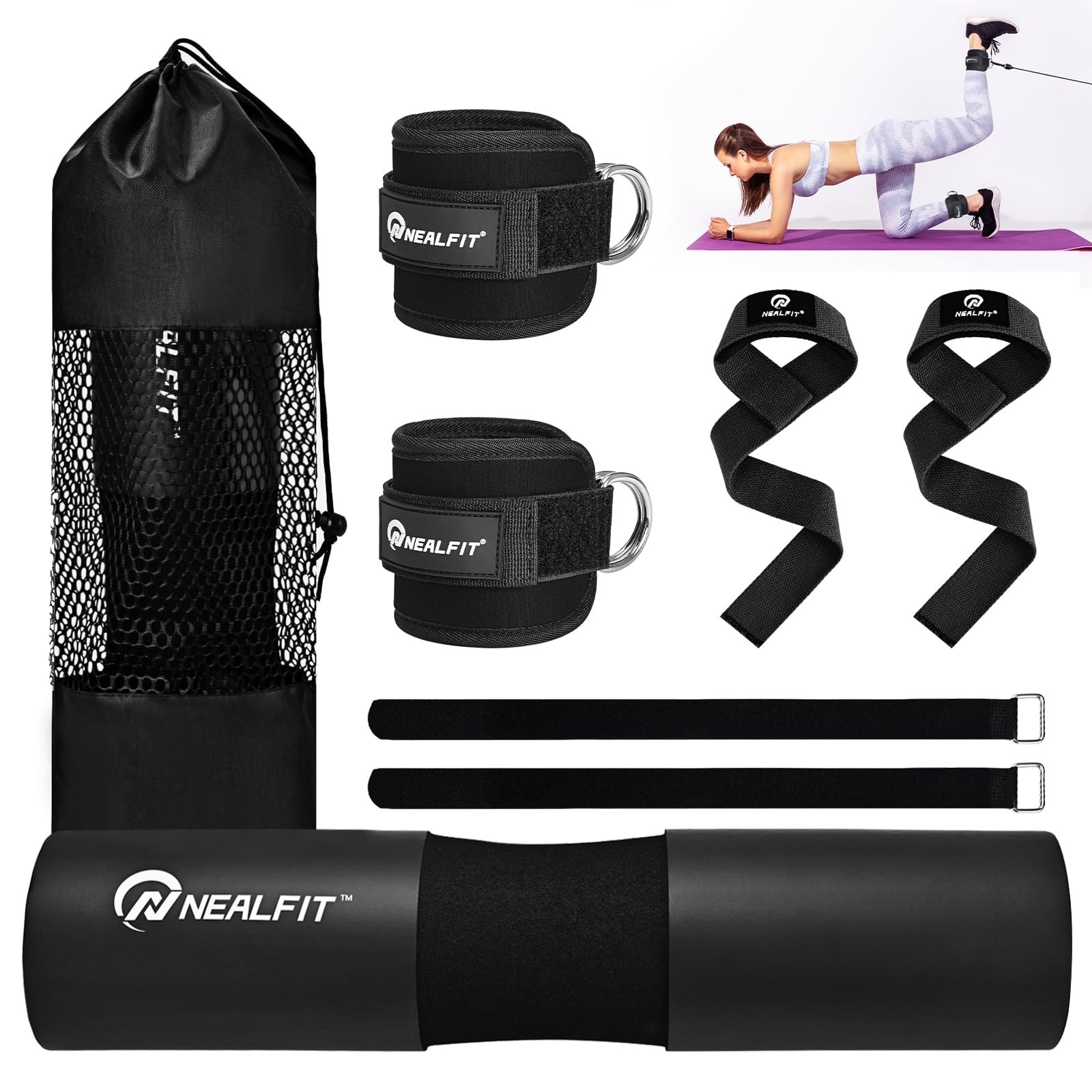 Barbell Pad Set with Lifting Straps & Ankle Straps - Squat Pad for Hip Thrust...