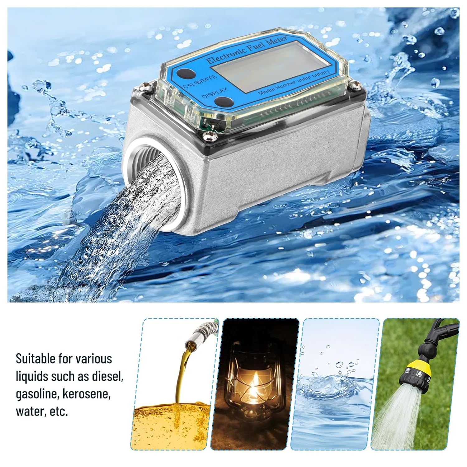 Flow Meter 1" Digital Turbine Fuel Meter Waterproof Inline NPT Thread Flowmeter