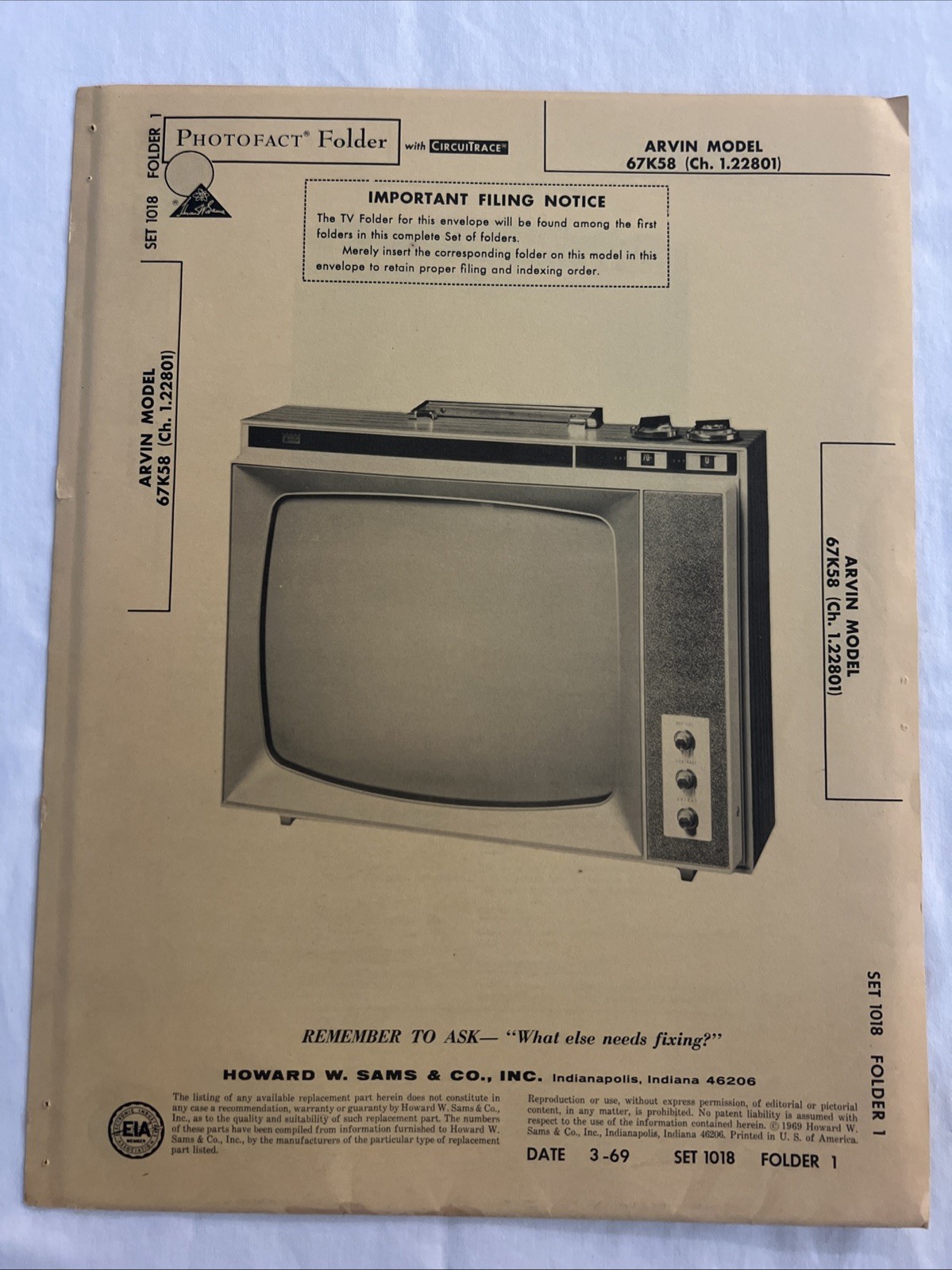 Vintage Sams Photofact Schematic 3-1969 ARVIN MODEL 67M58 ( Ch. 1.22801 )