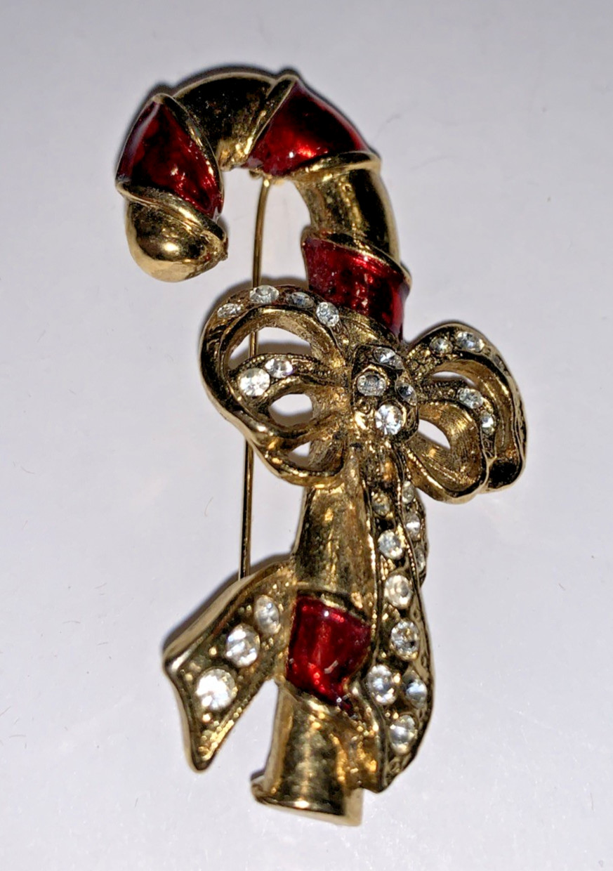 Christmas Pin Candy Cane Gold Tone Red Enamel Clear Rhinestones