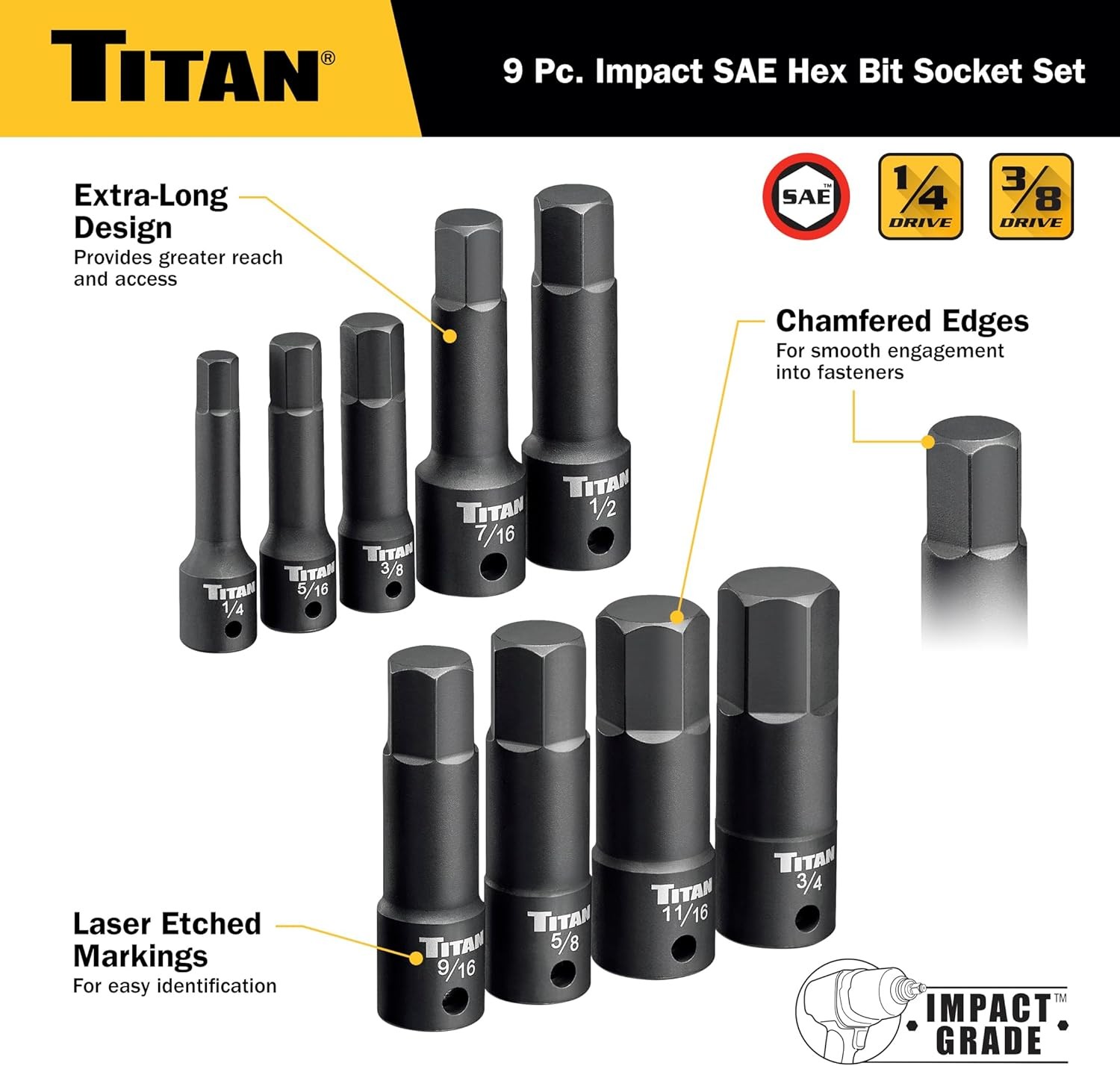 Titan Tools 9-Piece Impact SAE Hex Bit Socket Set (49010)